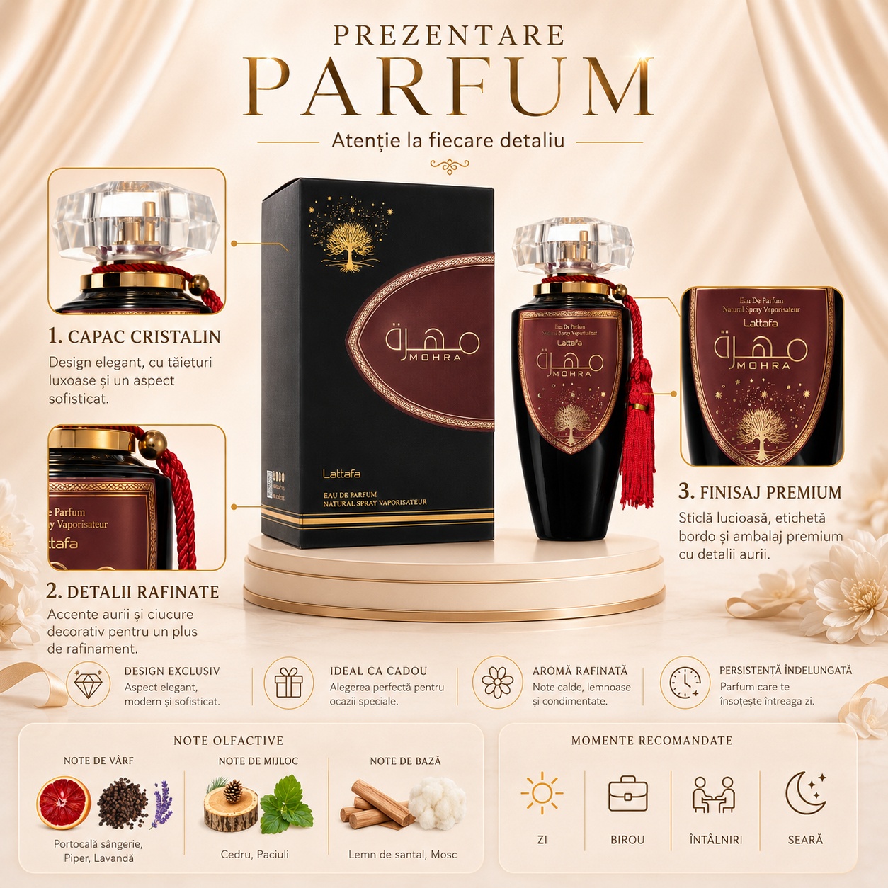 Prezentare parfum Lattafa Mohra cu capac cristalin, detalii rafinate, finisaj premium, note olfactive și momente recomandate