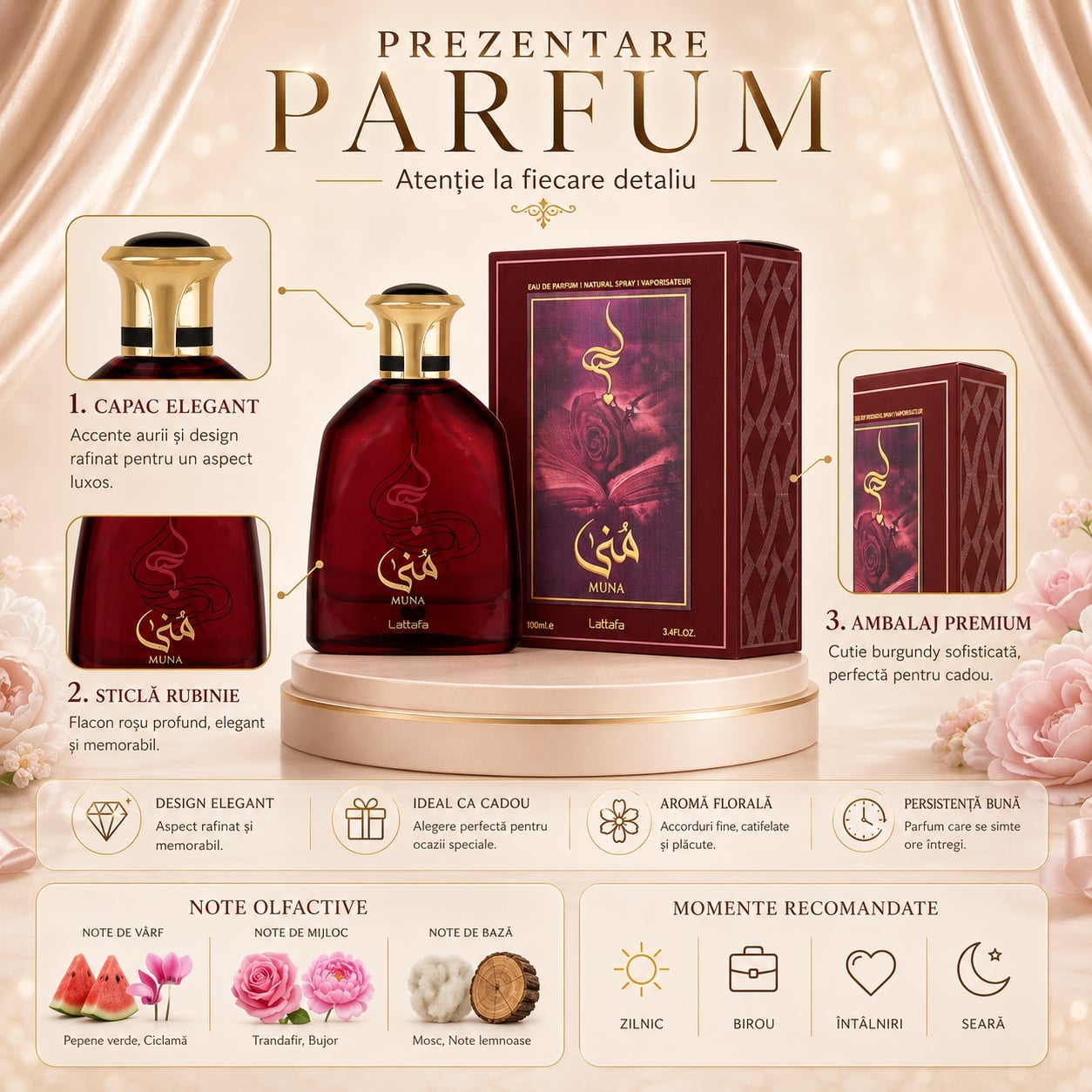 Prezentare Lattafa Muna parfum unisex cu capac elegant sticlă rubinie ambalaj premium aromă florală și persistență bună