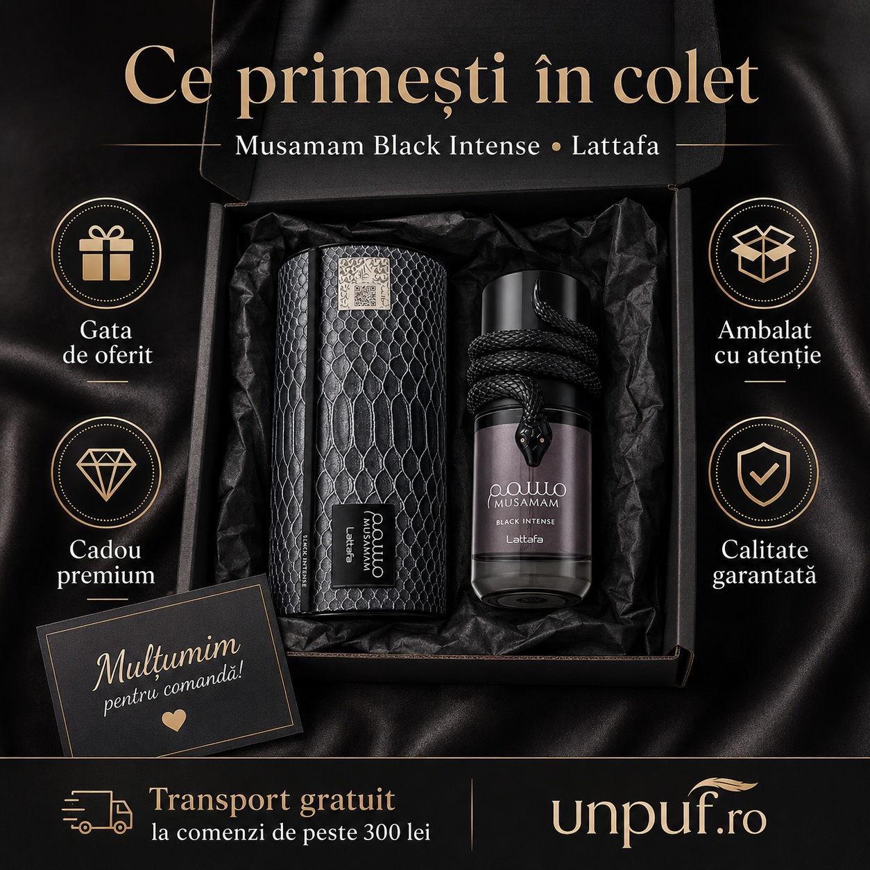 Ce primești &icirc;n colet Parfum Lattafa Musamam Black Intense ambalat premium și gata de cadou