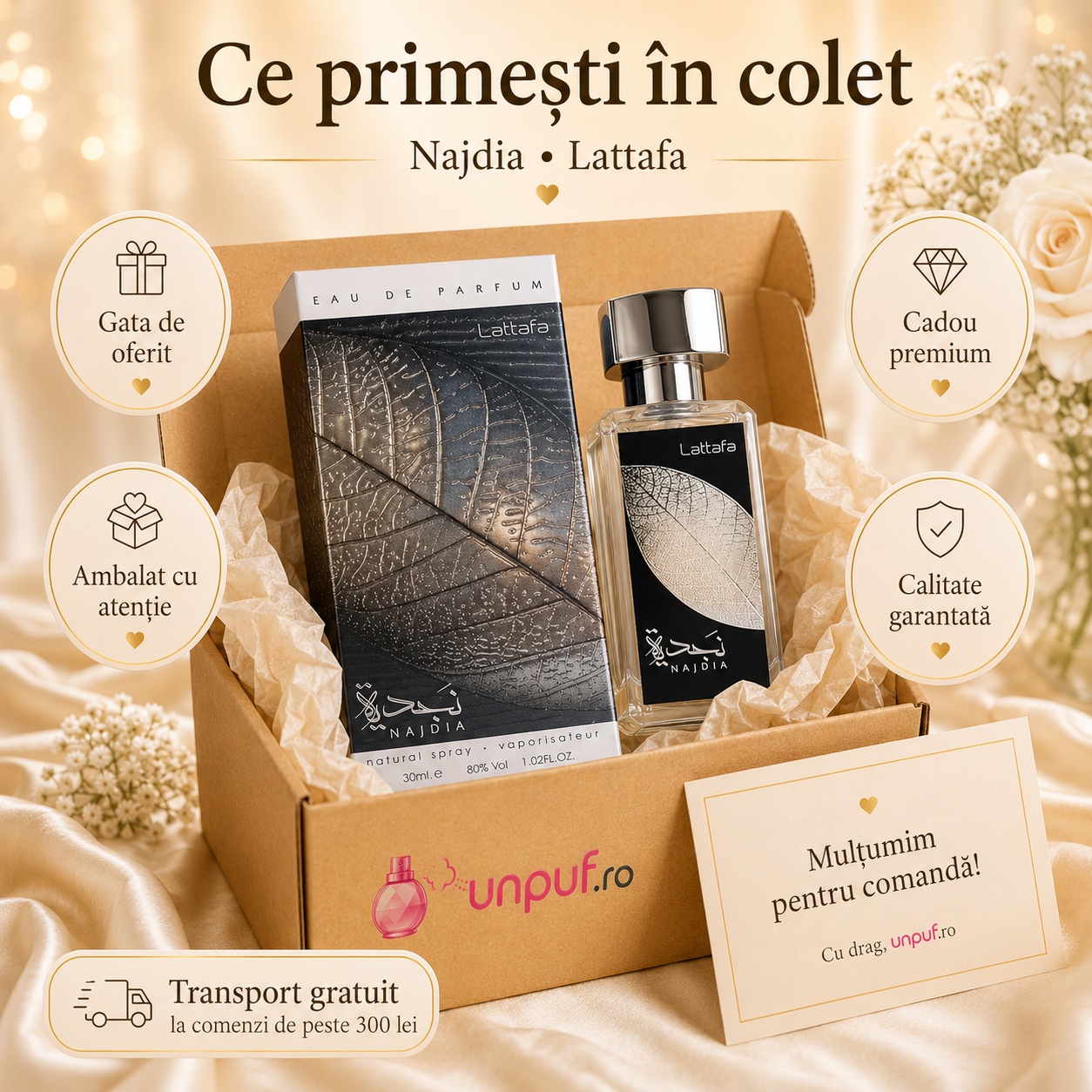 Ce primești în colet Lattafa Najdia 30 ml parfum arăbesc bărbătesc ambalat cu atenție, gata de oferit cadou