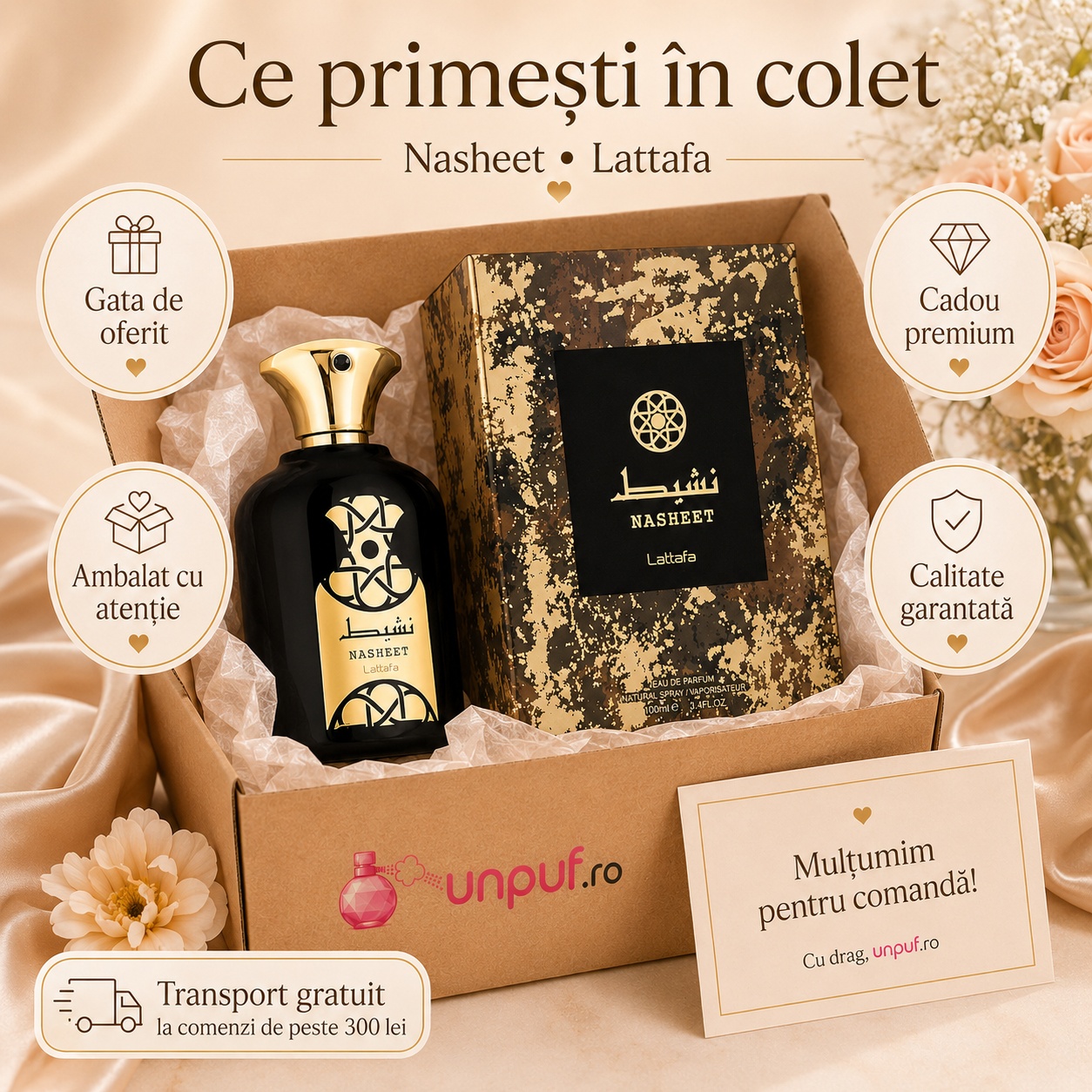 Ce primești &icirc;n colet Lattafa Nasheet 100 ml parfum arăbesc unisex ambalat cu atenție gata de oferit cadou