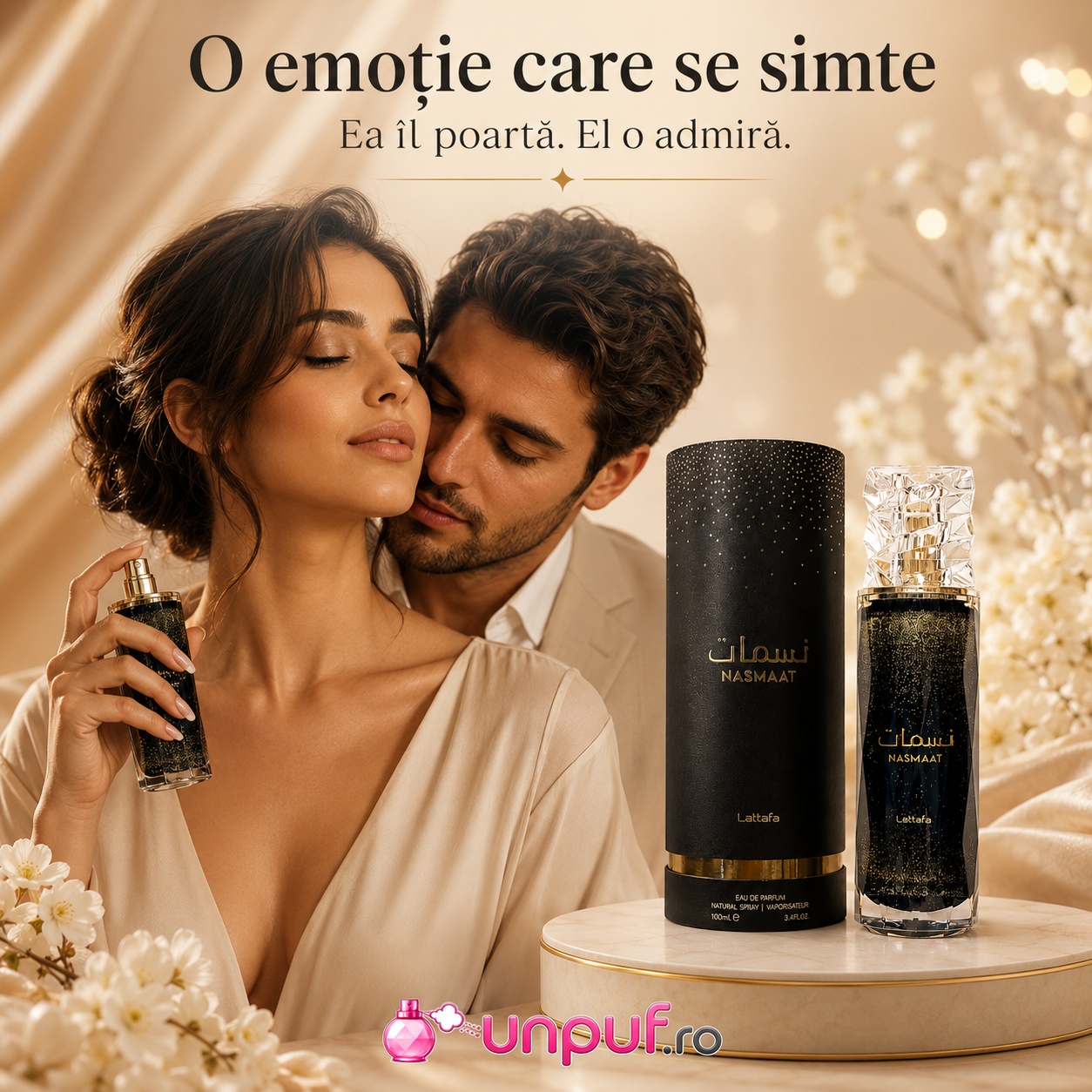 Lattafa Nasmaat parfum unisex romantic cu aromă elegantă, ea îl poartă, el o admiră