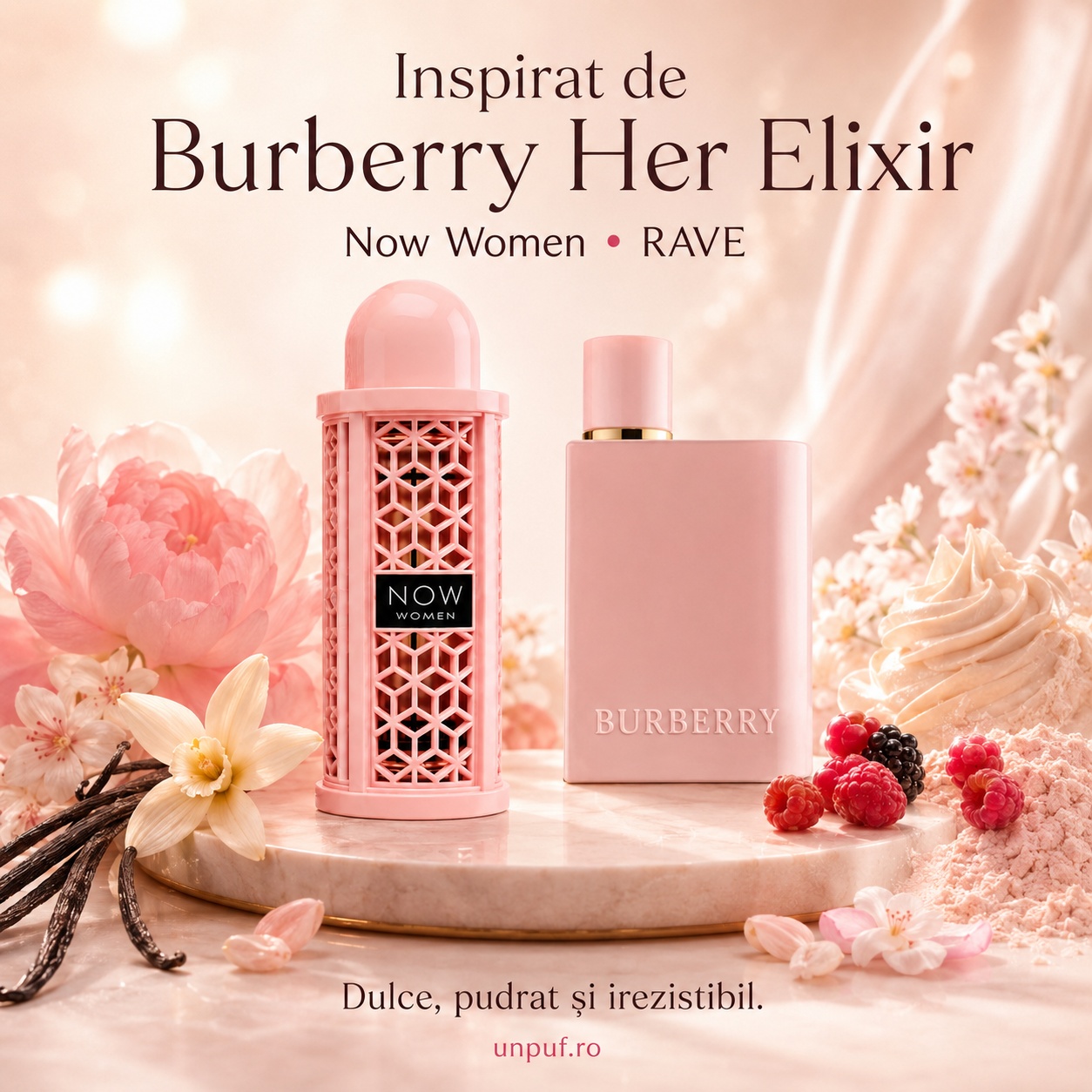 Lattafa Now Women inspirat de Burberry Her Elixir parfum dulce pudrat și irezistibil