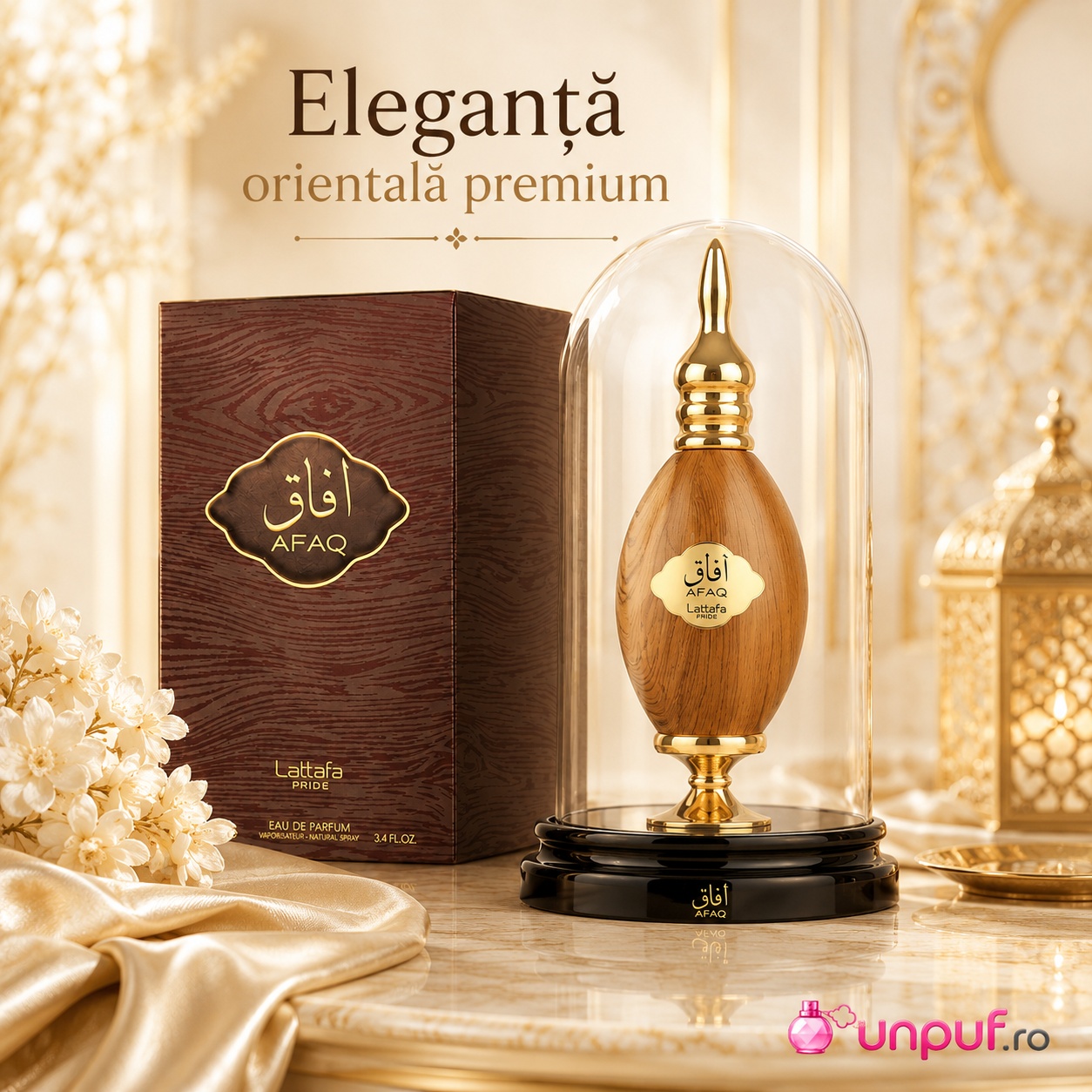 Lattafa Pride Afaq eleganță orientală premium cu flacon sub clopot de sticlă și ambalaj lemnos