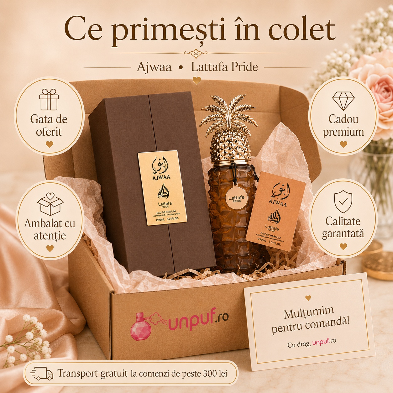 Ce primești &icirc;n colet Parfum Lattafa Pride Ajwaa 90 ml ambalat cu atenție și gata de oferit cadou