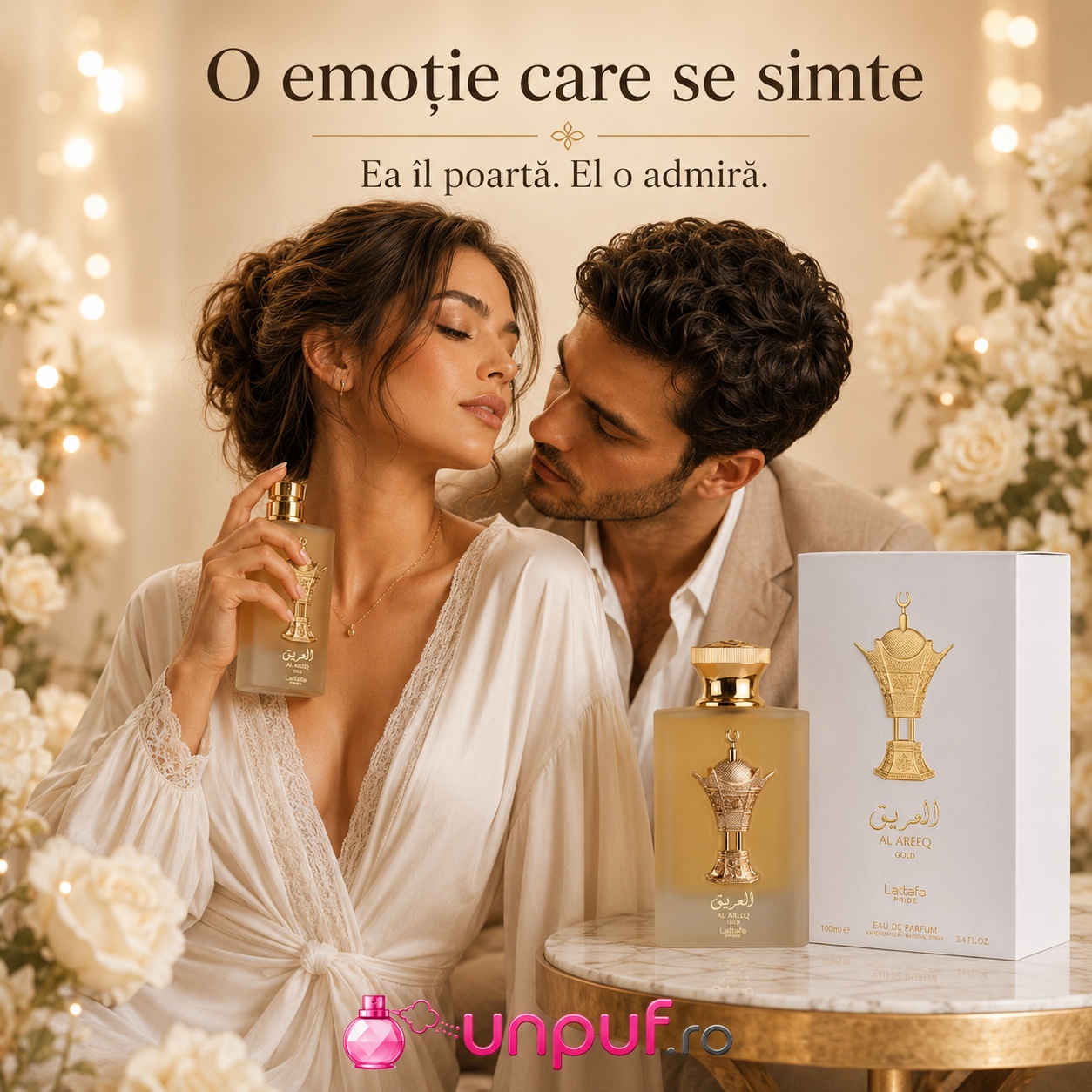 Lattafa Pride Al Areeq Gold parfum unisex romantic, ea îl poartă, el o admiră, aromă caldă și elegantă