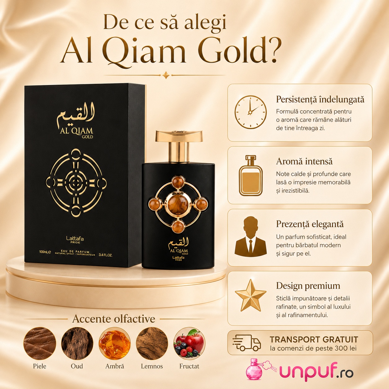 De ce să alegi Lattafa Pride Al Qiam Gold parfum unisex cu persistență &icirc;ndelungată aromă intensă și design premium