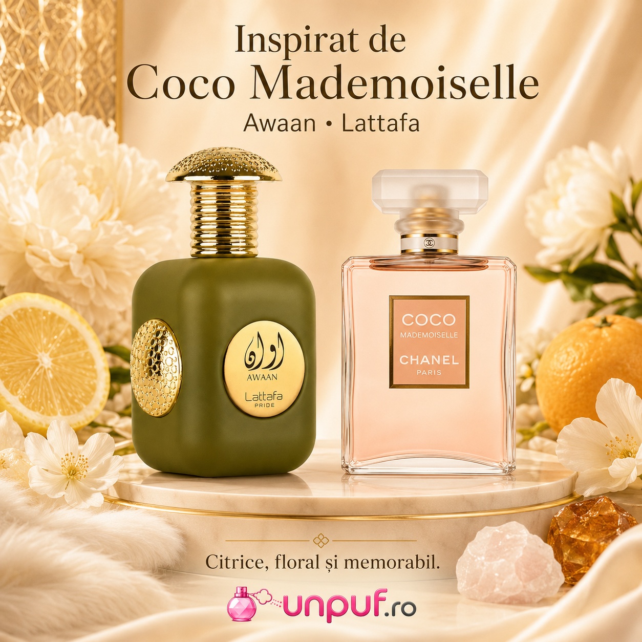 Lattafa Pride Awaan Gold inspirat de Coco Mademoiselle parfum citric floral și memorabil