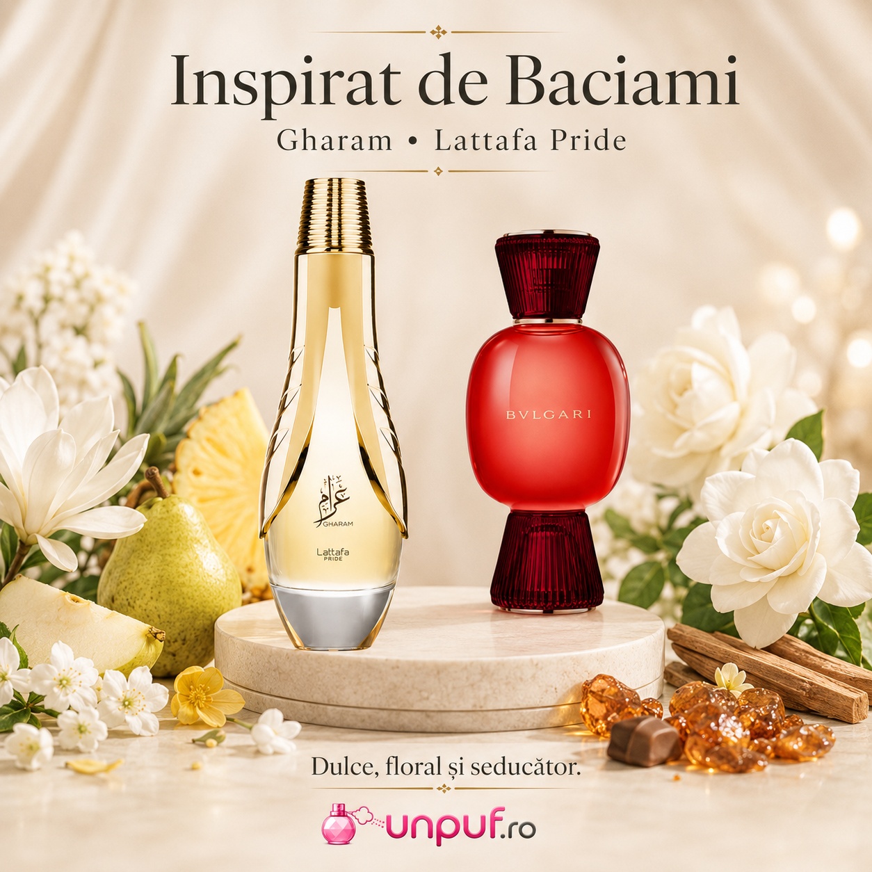 Lattafa Pride Gharam parfum inspirat din Baciami cu aromă dulce, florală și seducătoare