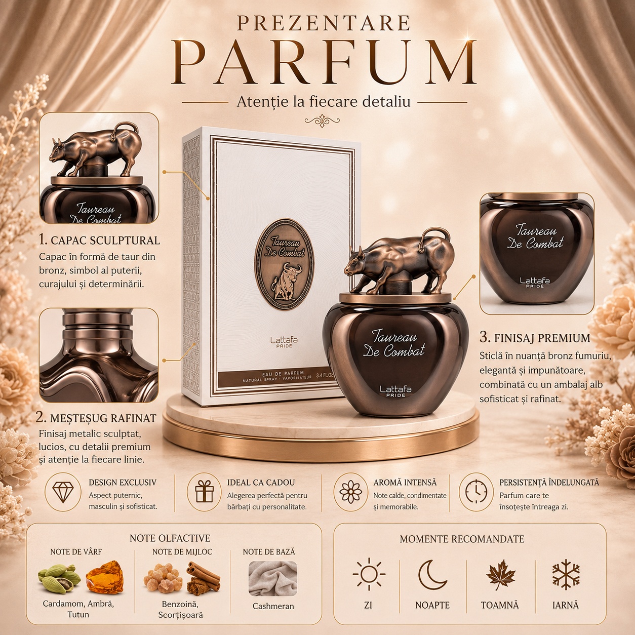 Prezentare parfum Lattafa Pride Taurean De Combat cu capac &icirc;n formă de taur, finisaj premium, note de cardamom, ambră, tutun, benzoină, scorțișoară și cashmeran