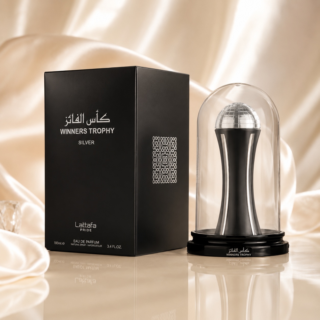 Parfum Arăbesc Lattafa Pride Winners Trophy Silver EDP 100 ml Unisex cu sticlă neagră și cupolă transparentă premium