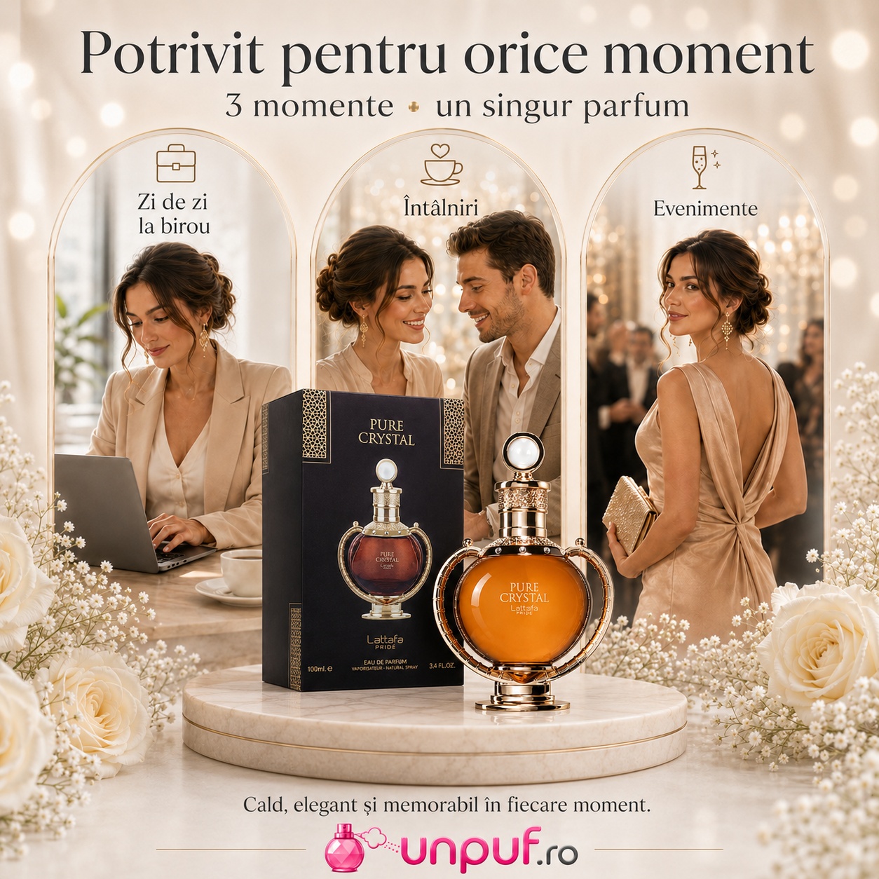 Lattafa Pure Crystal parfum potrivit pentru zi de zi la birou, &icirc;nt&acirc;lniri și evenimente elegante