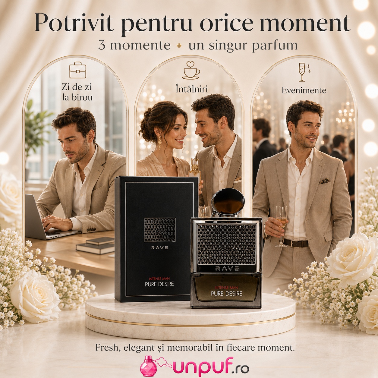 Lattafa Pure Desire Intense Man potrivit pentru zi de zi la birou, întâlniri și evenimente, parfum bărbătesc fresh, elegant și memorabil