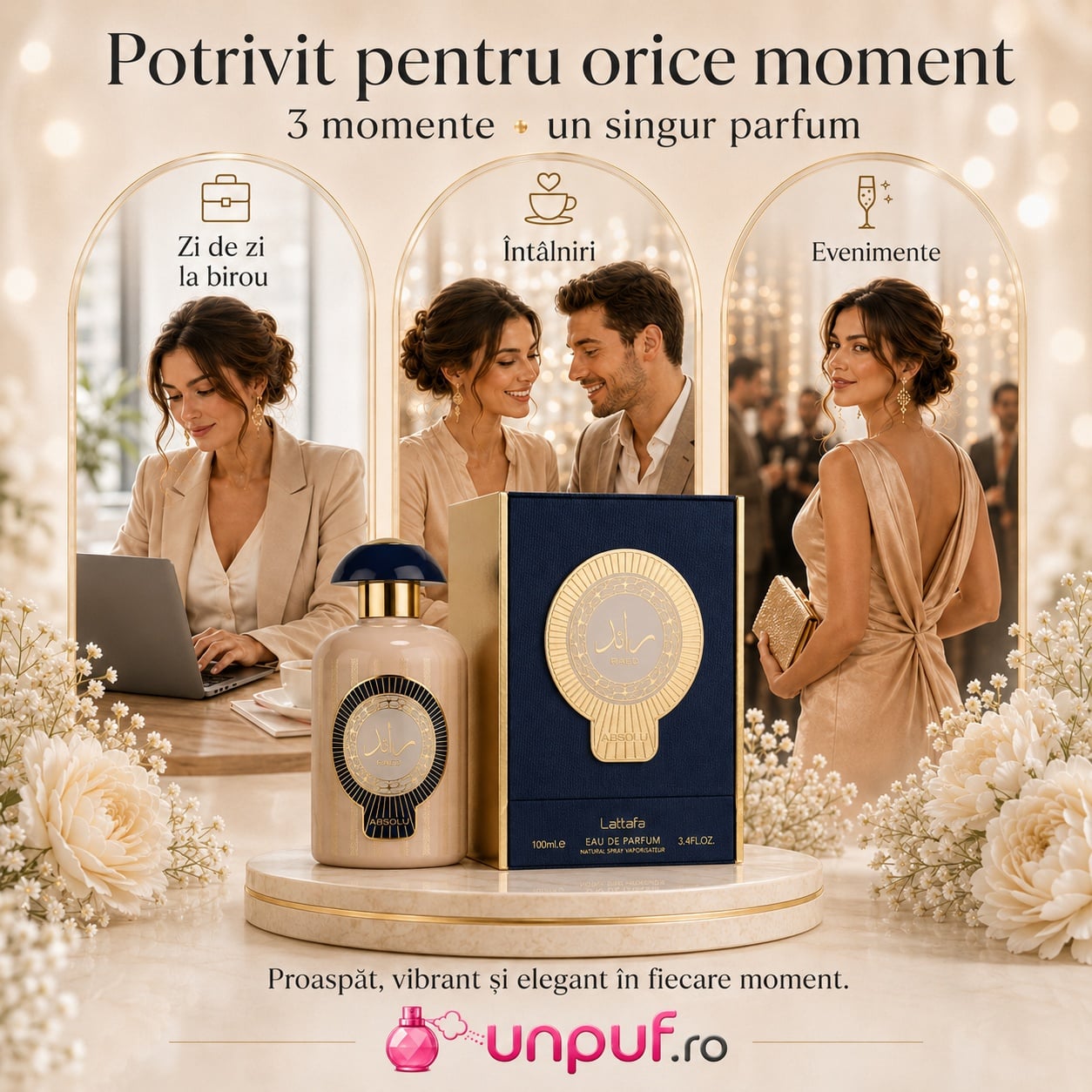 Lattafa Raed Absolu parfum potrivit pentru zi de zi la birou, &icirc;nt&acirc;lniri și evenimente, proaspăt vibrant și elegant