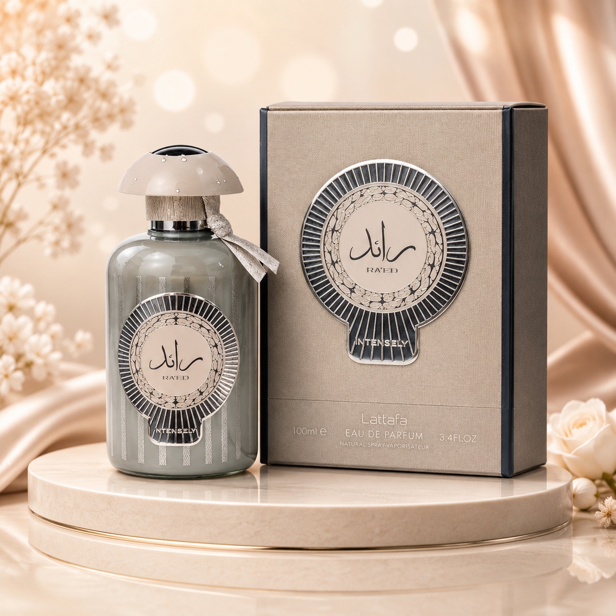 Parfum Arăbesc Lattafa Raed Intensely 100 ml pentru bărbat cu flacon gri elegant, capac bej decorativ și cutie premium Lattafa