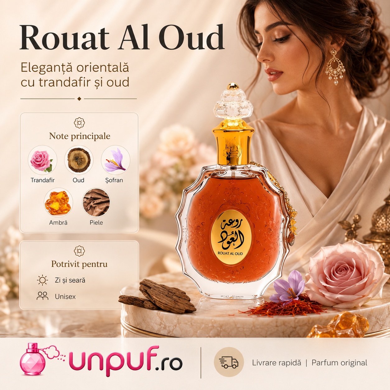 Lattafa Rouat Al Oud parfum oriental unisex cu trandafir, oud, șofran, ambră și piele, potrivit pentru zi și seară