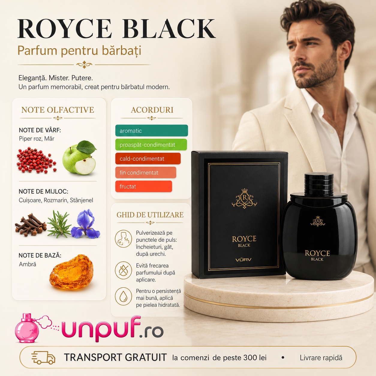 Lattafa Royce Black parfum pentru bărbați cu note de piper roz, măr, cuișoare, rozmarin, st&acirc;njenel și ambră