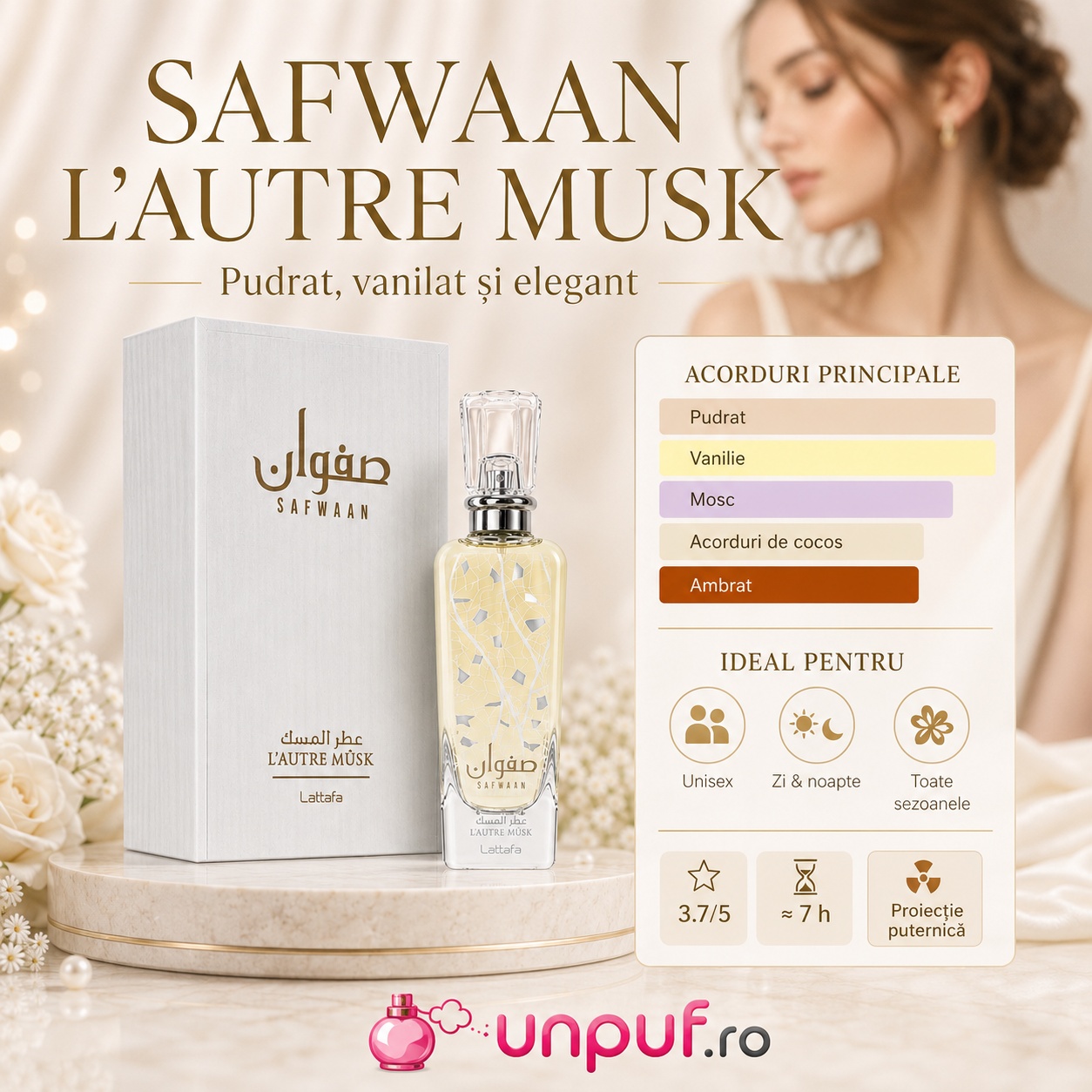 Safwaan L&rsquo;Autre Musk parfum pudrat, vanilat și elegant, ideal pentru unisex, zi și noapte, toate sezoanele