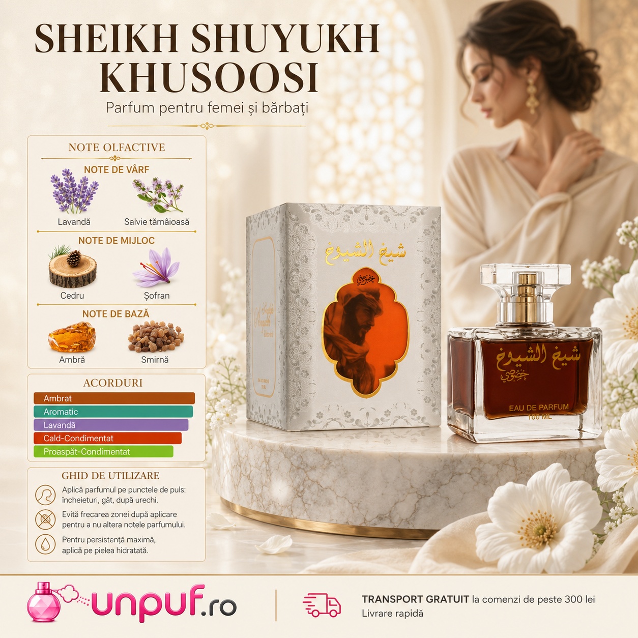 Lattafa Sheikh Shuyukh Khusoosi parfum pentru femei și bărbați cu note de lavandă, salvie, cedru, șofran, ambră și smirnă