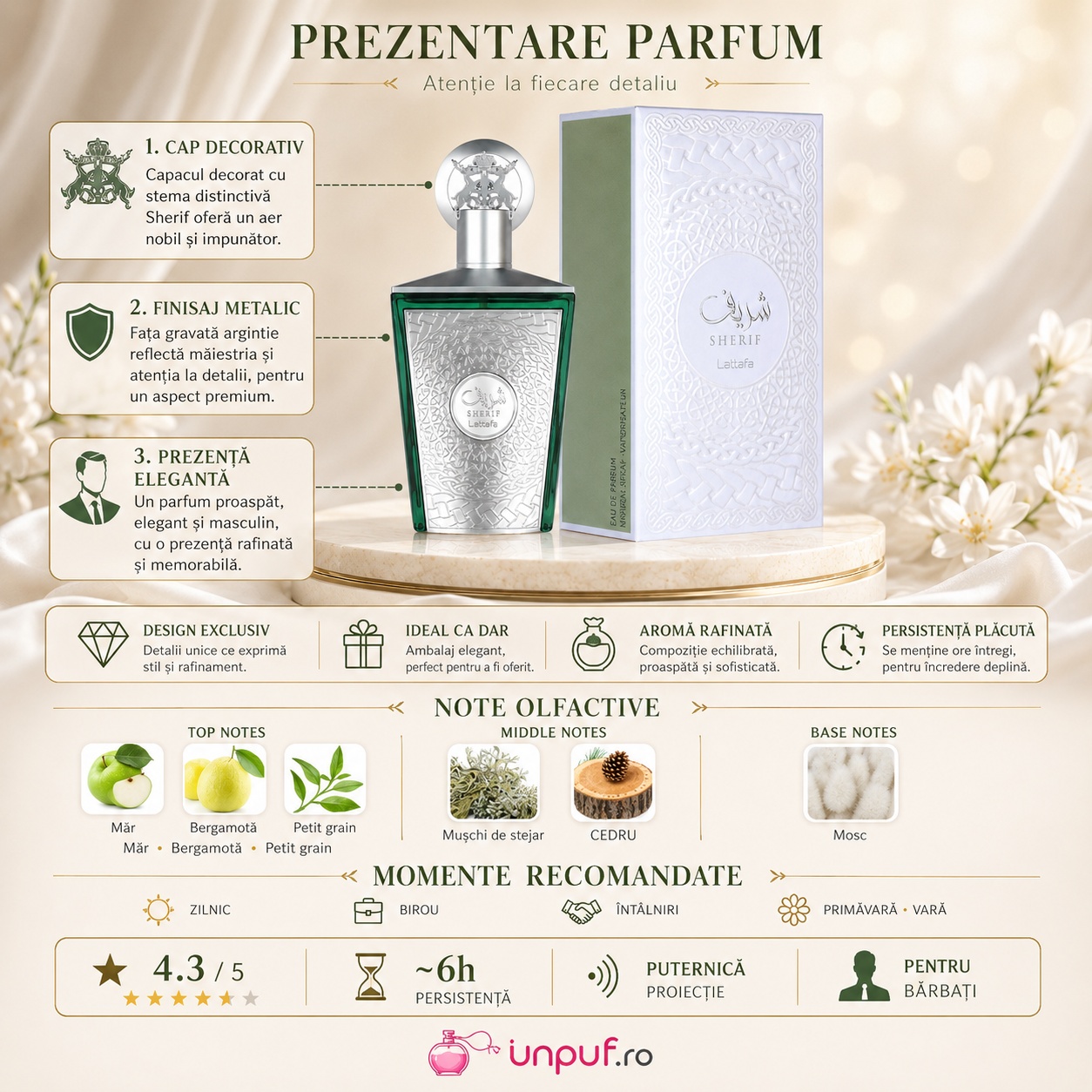 Prezentare parfum Lattafa Sherif cu cap decorativ, finisaj metalic, note de măr, bergamotă, petitgrain, mușchi de stejar, cedru și mosc