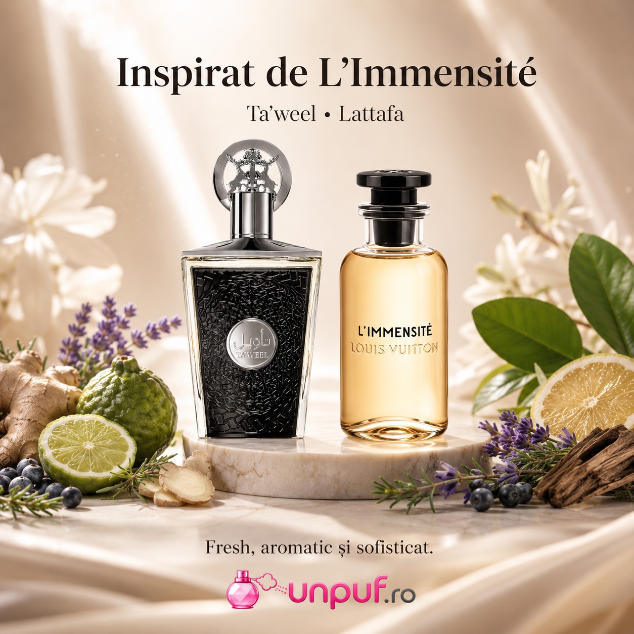 Lattafa Taweel inspirat din L&rsquo;Immensit&eacute;, parfum fresh aromatic și sofisticat cu bergamotă, ghimbir, lavandă, ienupăr și note lemnoase