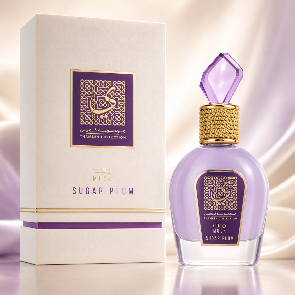 Parfum Arăbesc Lattafa Thameen Sugar Plum EDP 100 ml Unisex cu sticlă mov liliachie și cutie crem premium