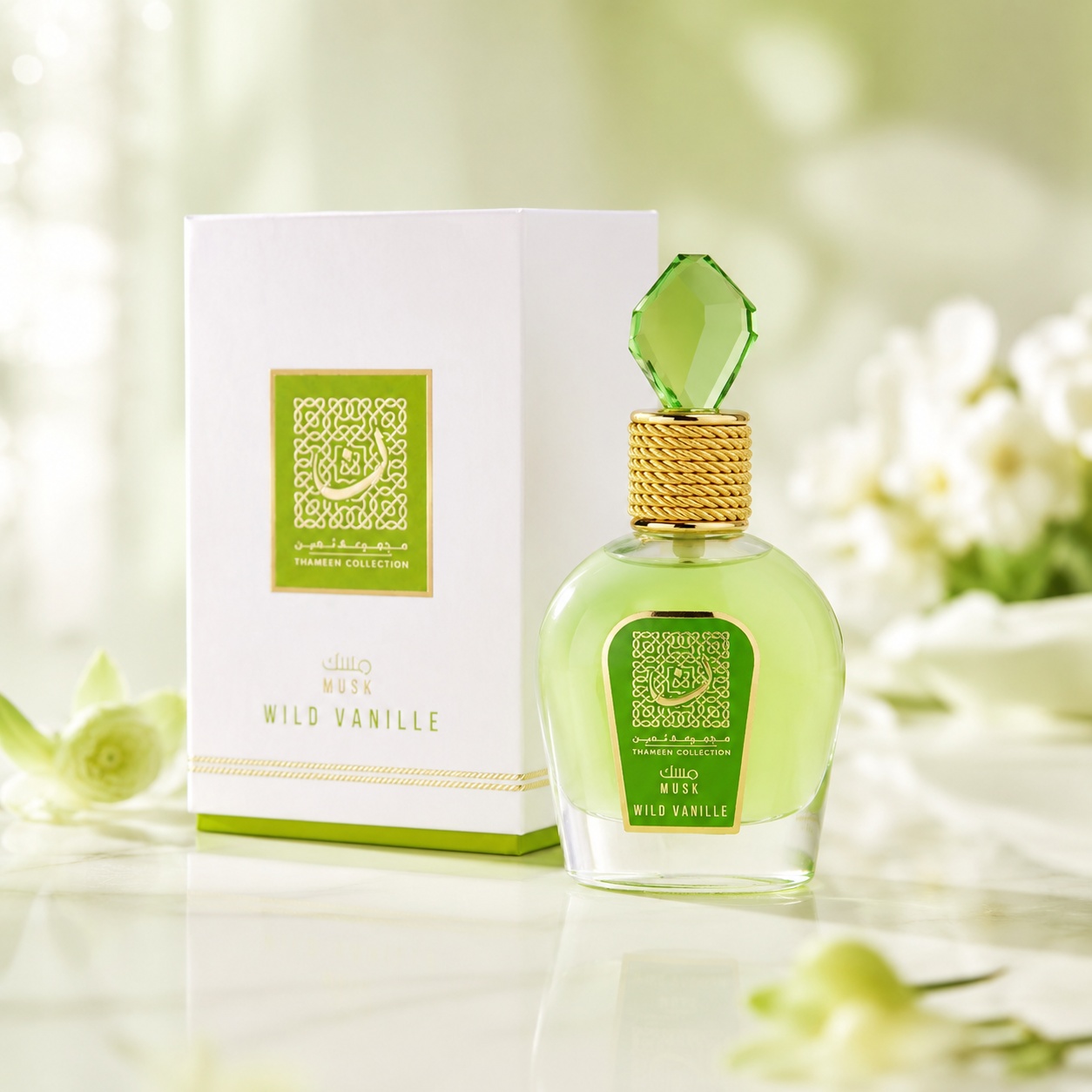 Parfum Arăbesc Lattafa Thameen Wild Vanille EDP 100 ml Unisex cu sticlă verde și cutie albă premium