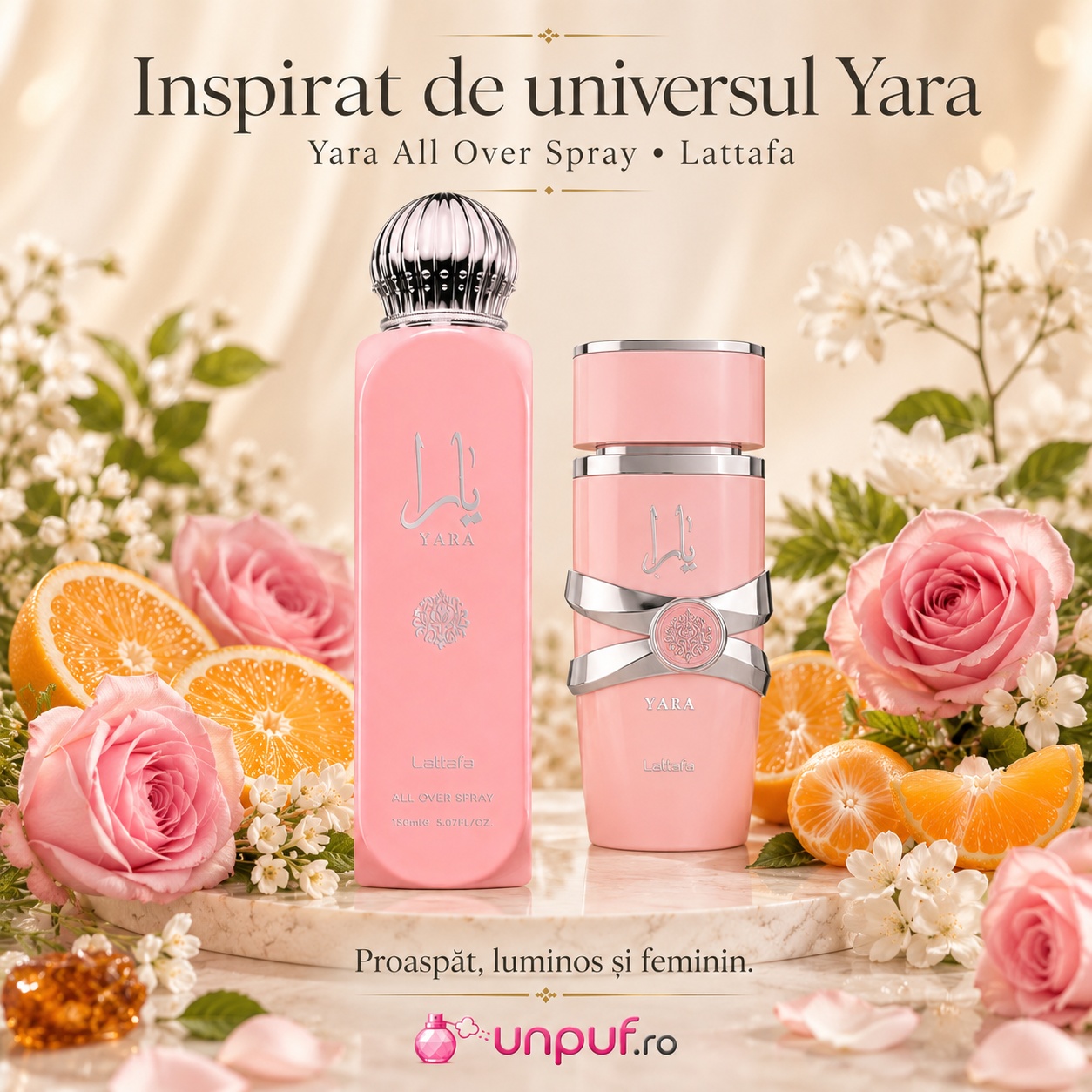 Lattafa Yara All Over Spray inspirat de universul Yara, fresh, luminos și feminin, l&acirc;ngă parfum Yara clasic cu flori, citrice și trandafiri