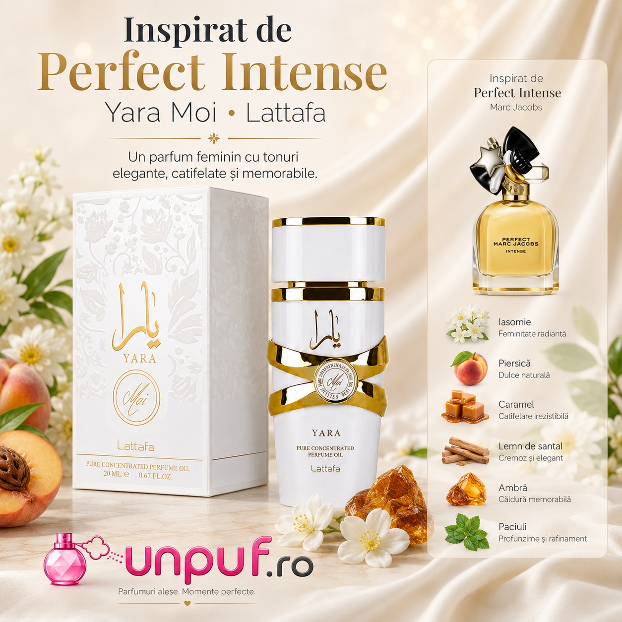 Lattafa Yara Moi Concentrated Oil inspirat din Perfect Intense, parfum feminin cu iasomie, piersică, caramel, lemn de santal, ambră și patchouli