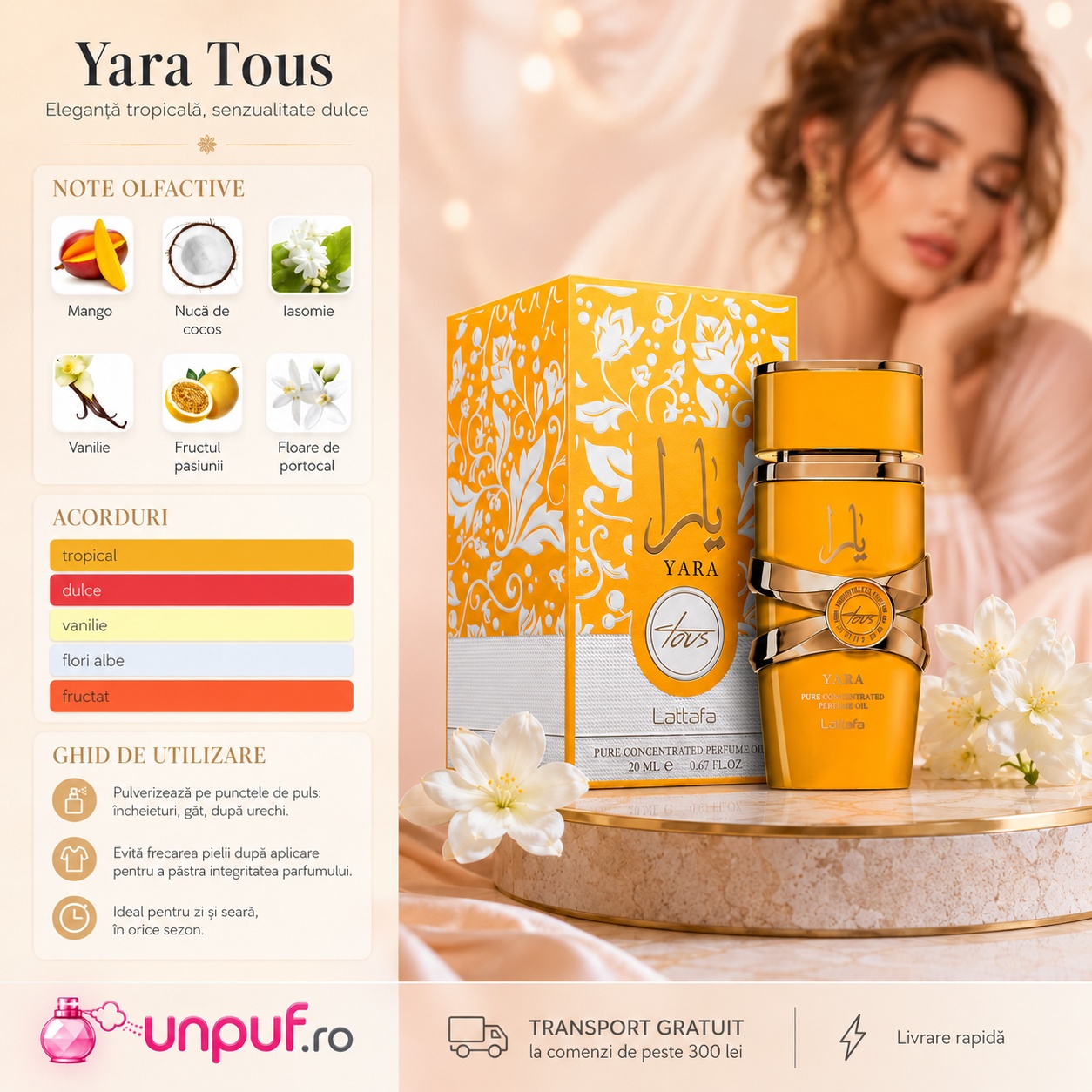 Lattafa Yara Tous Concentrated Oil parfum de damă cu note de mango, nucă de cocos, iasomie, vanilie, fructul pasiunii și floare de portocal, acorduri tropicale și dulci
