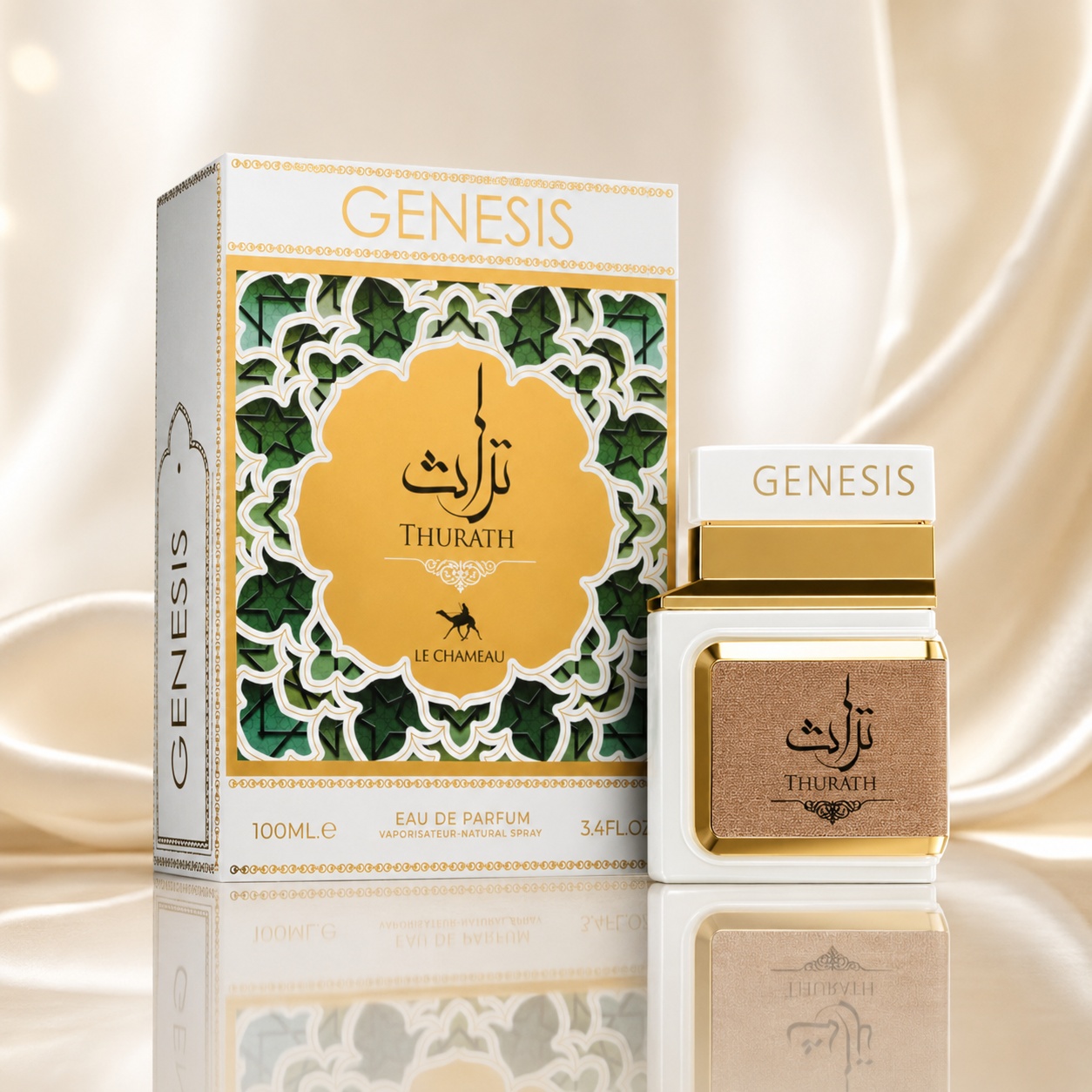 Parfum Arăbesc Le Chameau Genesis Thurath EDP 100 ml Damă cu sticlă albă aurie și cutie premium verde smarald