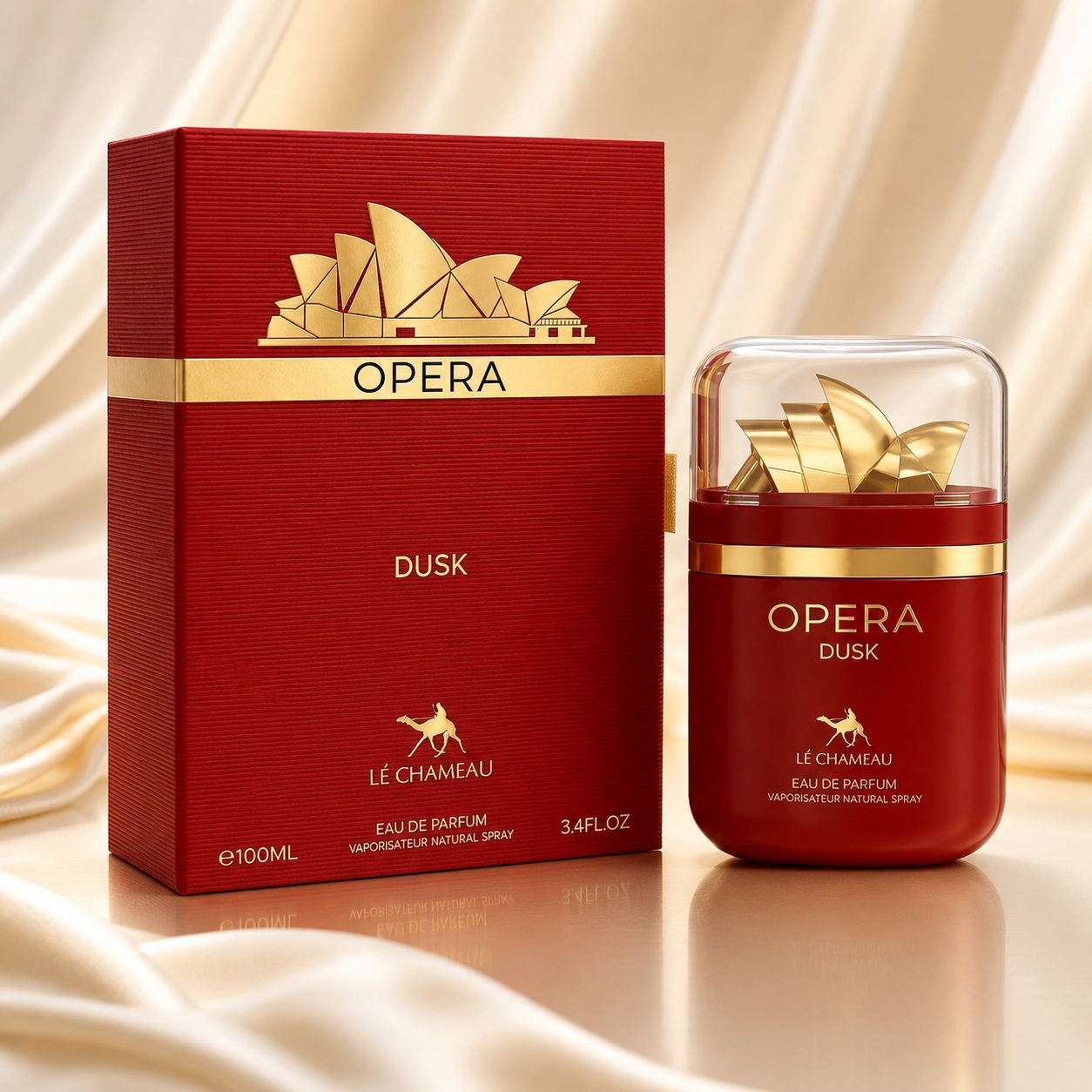 Parfum Arăbesc Le Chameau Opera Dusk EDP 100 ml Damă cu sticlă roșu burgundy și cutie premium aurie