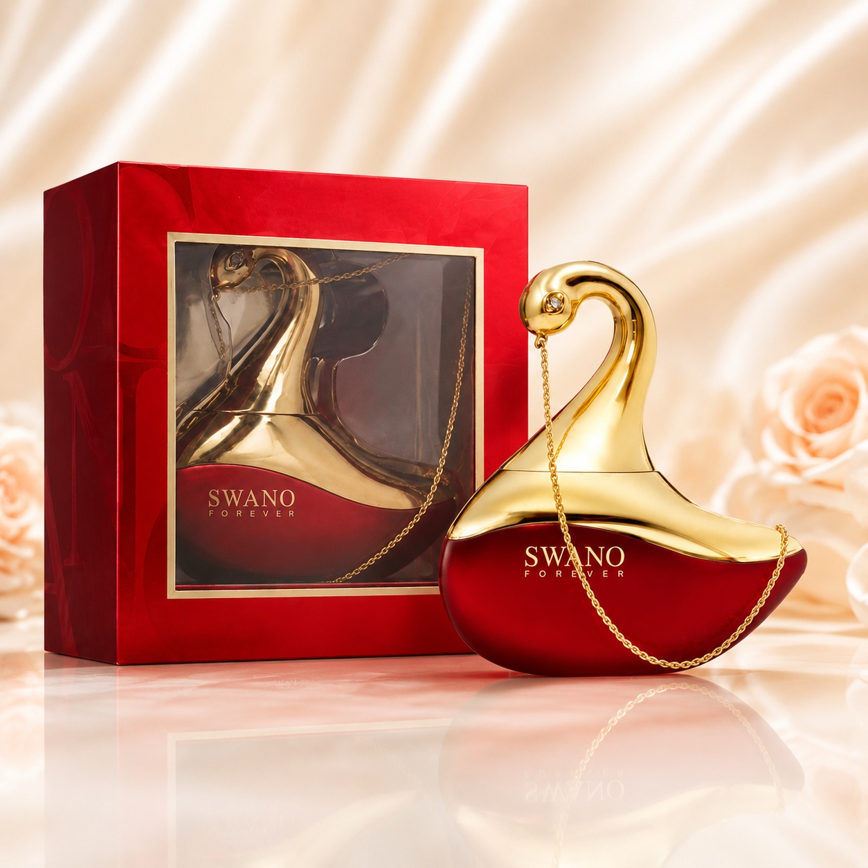 Parfum Arăbesc Le Chameau Swano Forever EDP 80 ml Damă cu sticlă roșu rubiniu, capac auriu &icirc;n formă de lebădă și cutie premium
