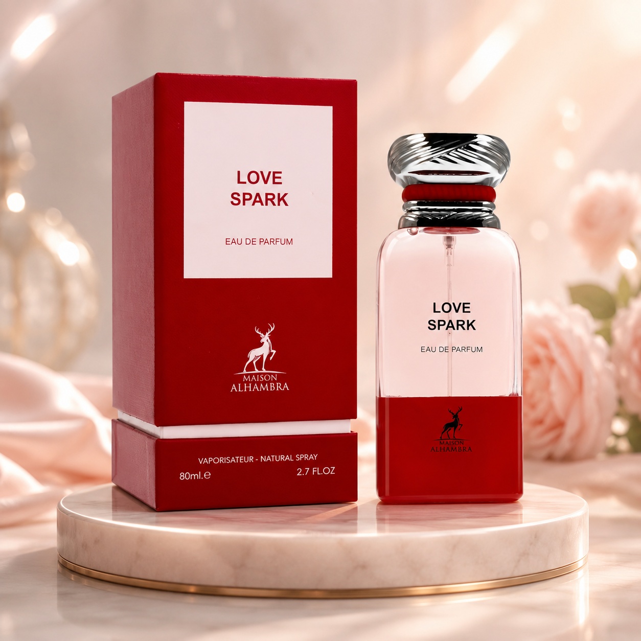 Parfum Arăbesc Love Spark Maison Alhambra EDP 80 ml Unisex cu sticlă roz roșie și cutie premium