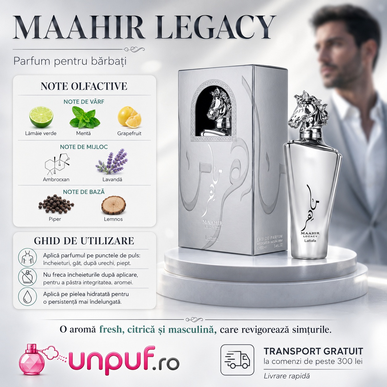 Maahir Legacy Lattafa parfum pentru bărbați cu note de lăm&acirc;ie verde, mentă, grepfrut, ambroxan, lavandă, piper și lemnos, ghid de utilizare