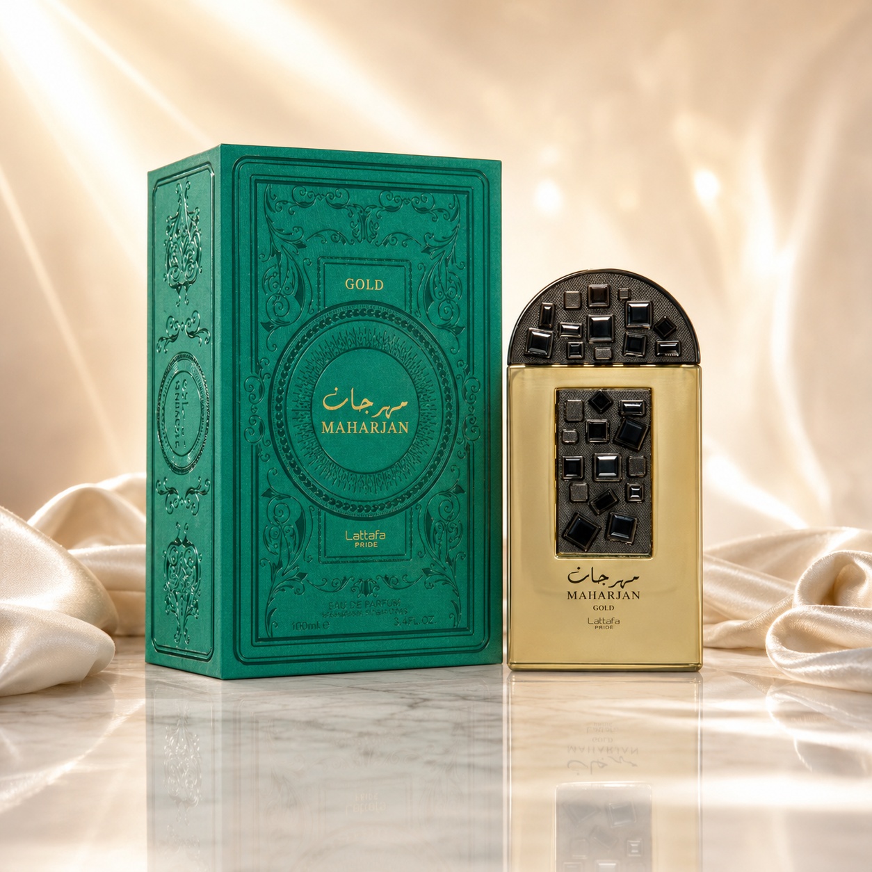 Parfum Arăbesc Maharjan Gold Lattafa Pride EDP 100 ml Damă cu sticlă aurie și cutie verde smarald premium