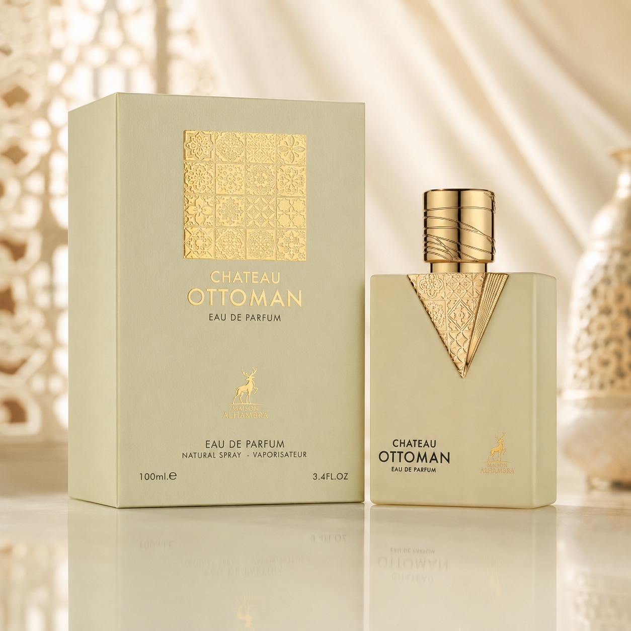 Parfum Maison Alhambra Chateau Ottoman 100 ml, sticlă și cutie crem cu detalii aurii
