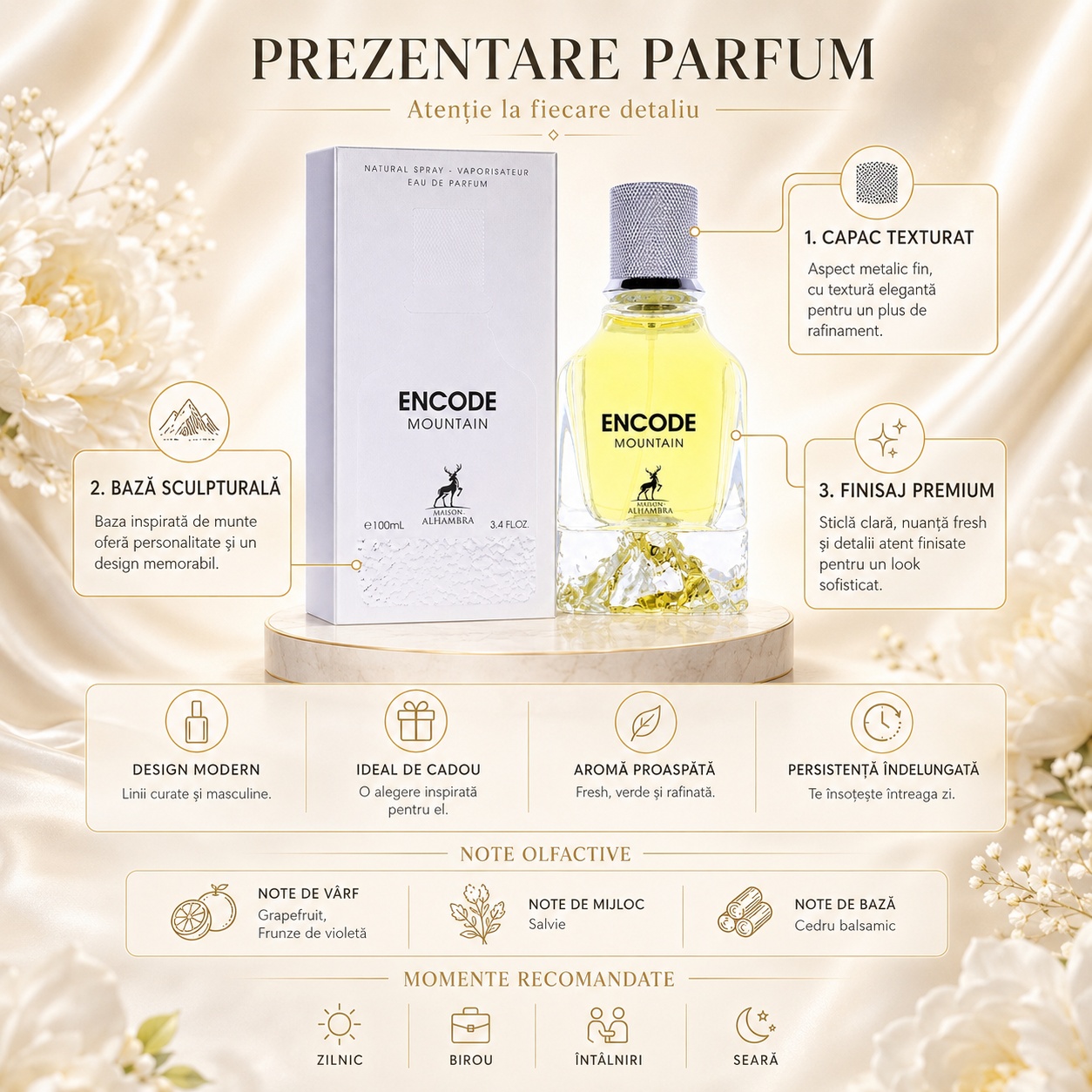 Prezentare parfum Maison Alhambra Encode Mountain cu capac texturat, bază sculpturală, finisaj premium și note olfactive