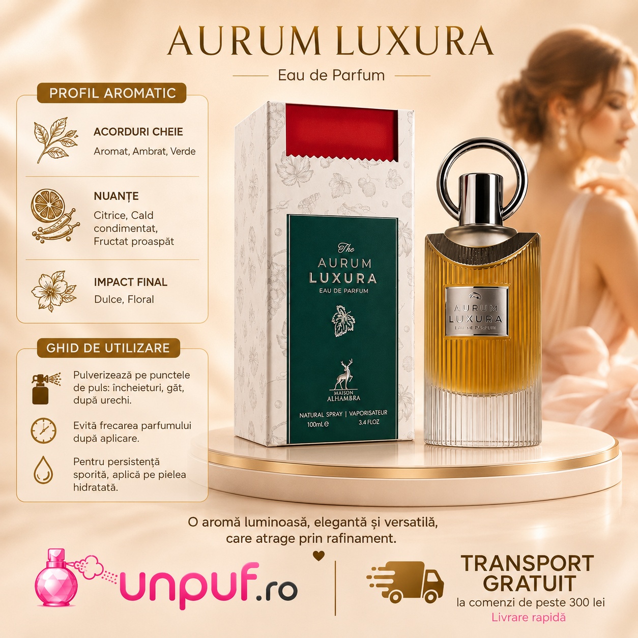 Note olfactive și ghid de utilizare Maison Alhambra The Aurum Luxura 100 ml