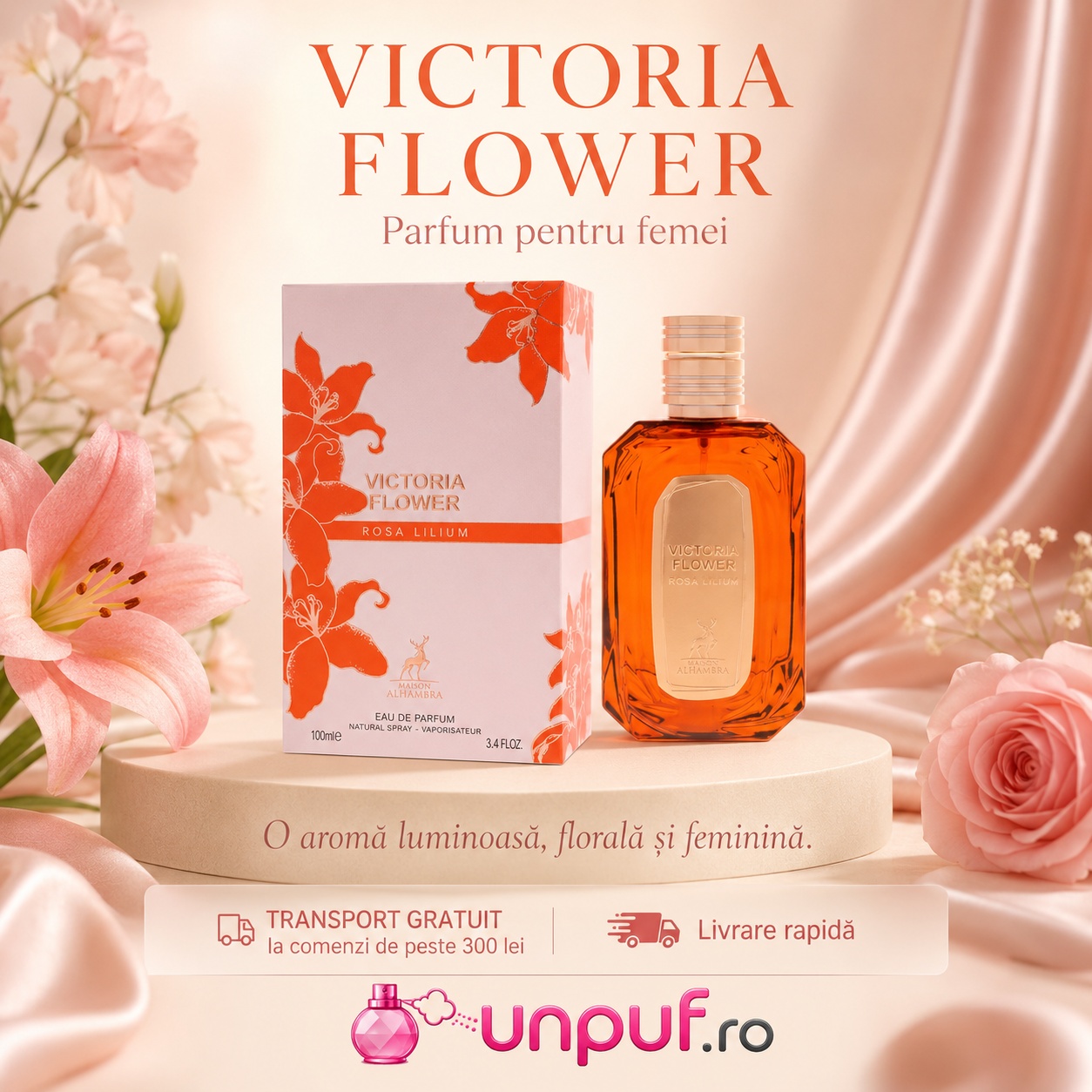 Victoria Flower Rosa Lilium Maison Alhambra, parfum arabesc de damă cu ambalaj floral elegant