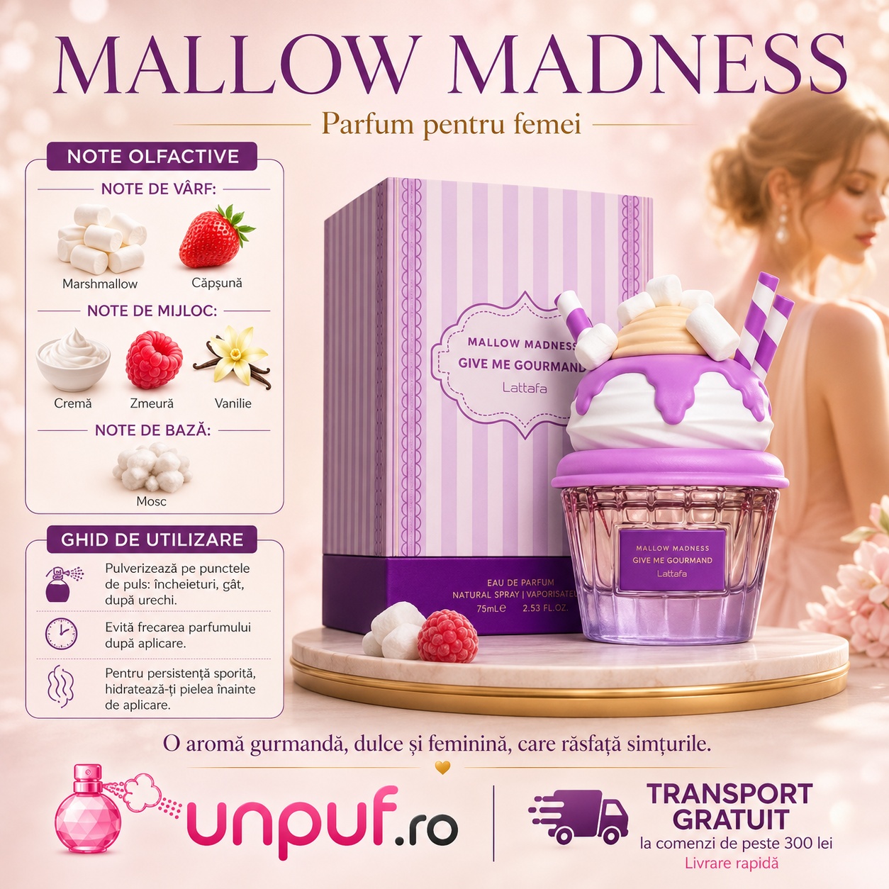 Mallow Madness Lattafa parfum pentru femei cu note de bezea căpșună zmeură frezie frișcă vanilie și mosc