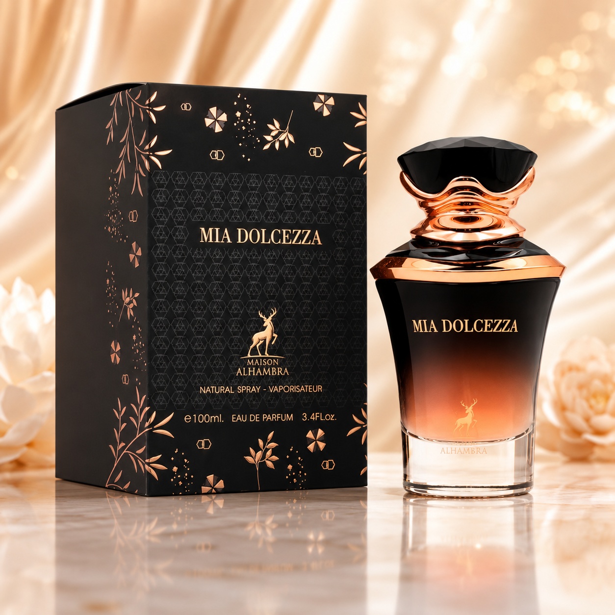 Parfum Arăbesc Mia Dolcezza Maison Alhambra EDP 100 ml Damă cu sticlă neagră rose gold și cutie premium
