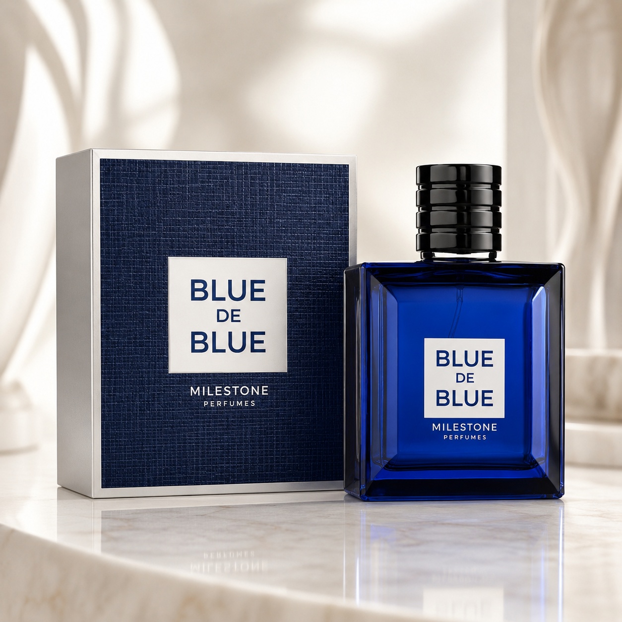 Parfum Arăbesc Milestone Blue De Blue EDP 100 ml Bărbat cu sticlă albastră intensă și cutie navy premium