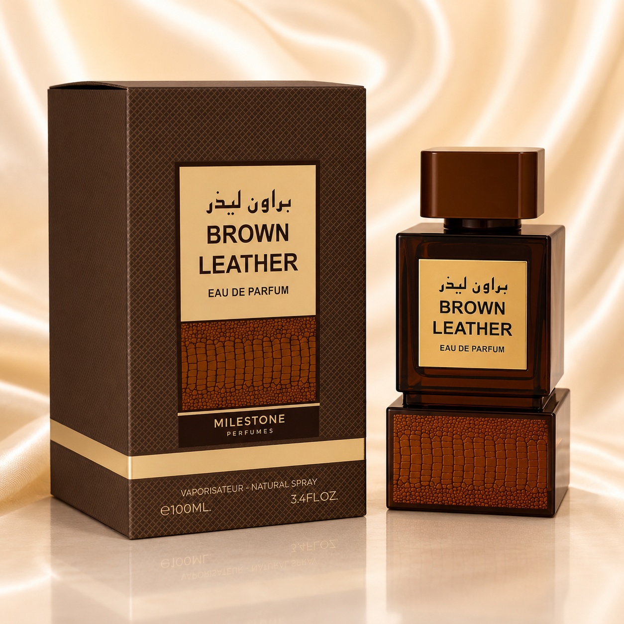 Parfum Arăbesc Milestone Brown Leather EDP 100 ml Unisex cu sticlă maro cognac și cutie premium cu textură de piele