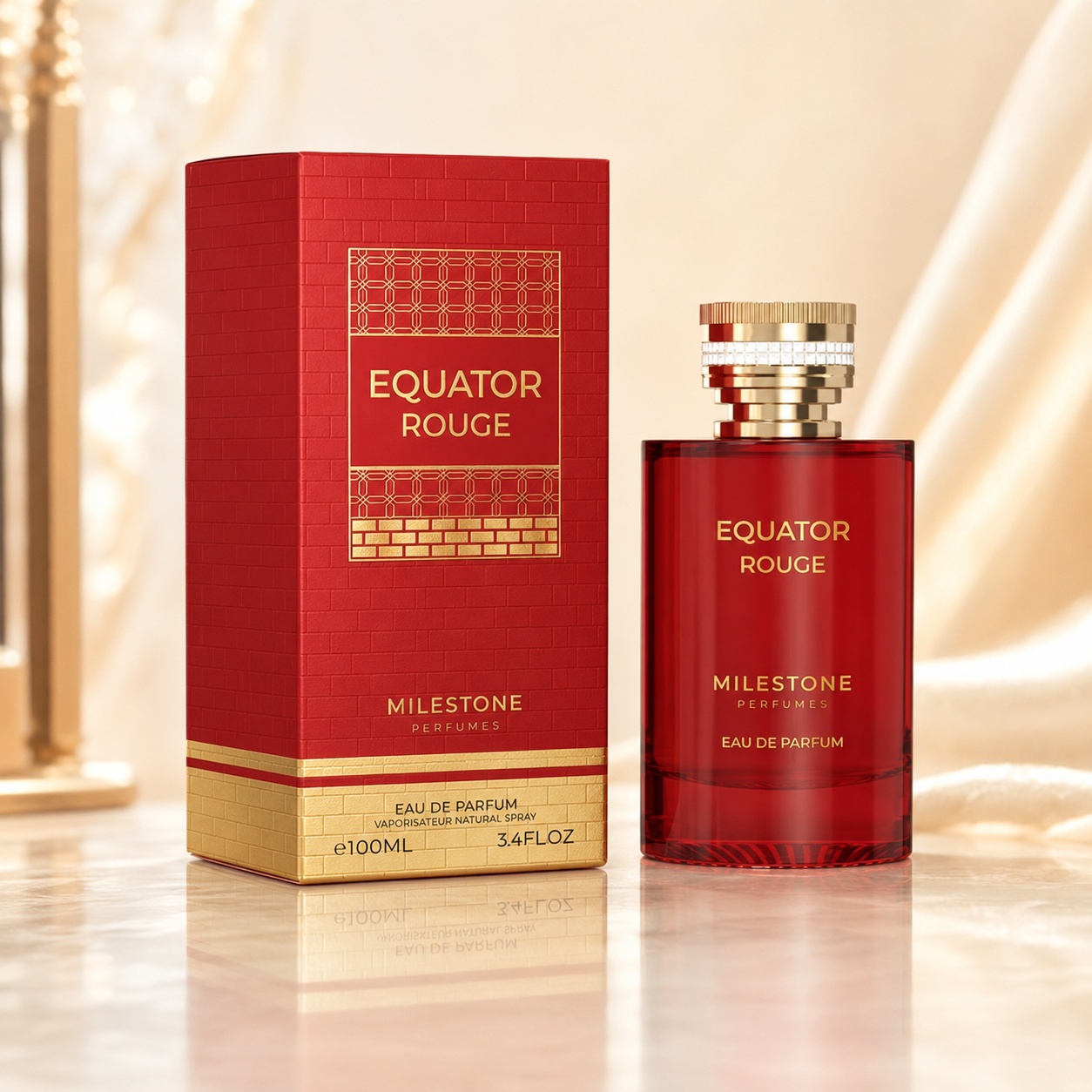 Parfum Arăbesc Milestone Equator Rouge EDP 100 ml Unisex cu sticlă roșu rubiniu și cutie premium aurie