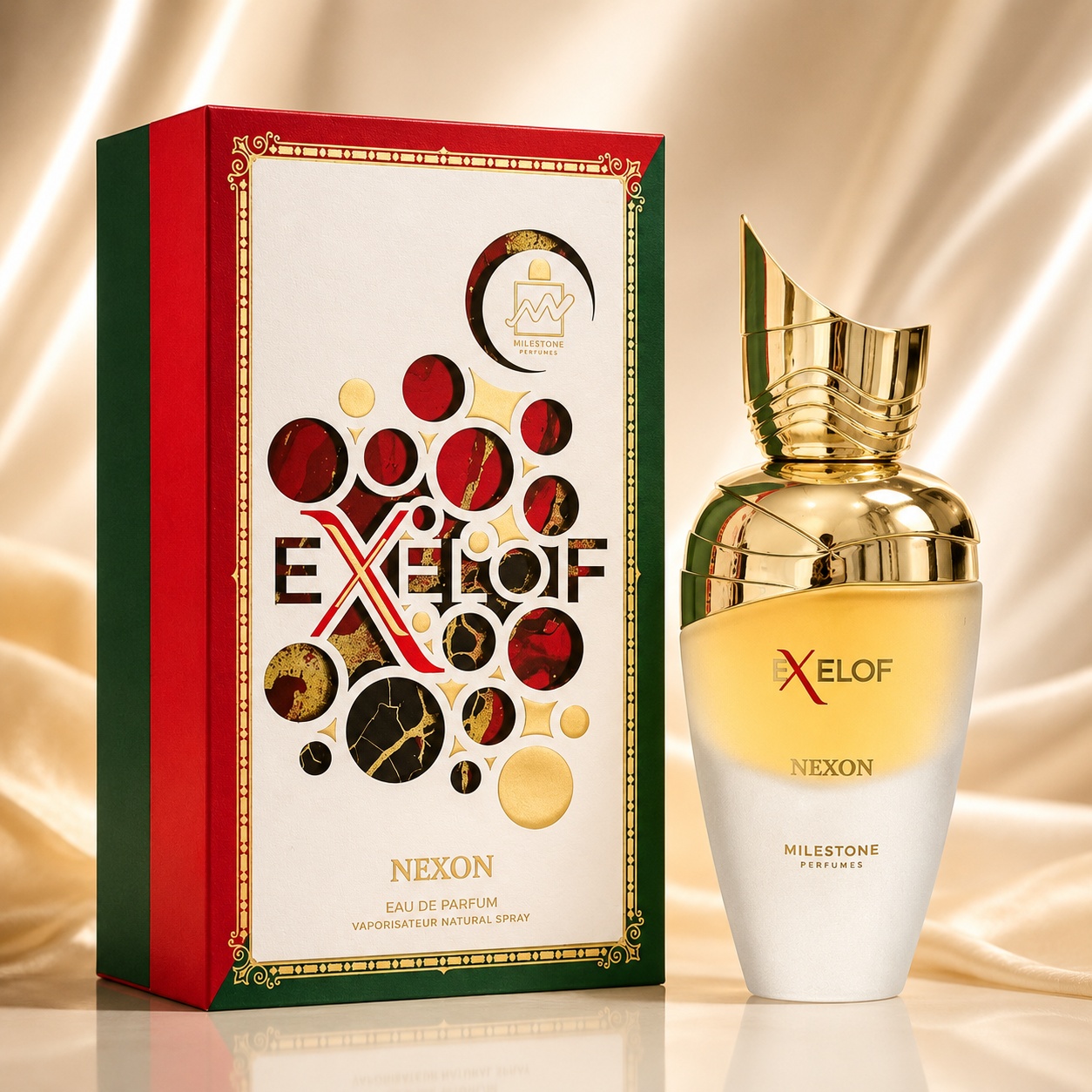 Parfum Arăbesc Milestone Exelof Nexon EDP 85 ml Unisex cu sticlă aurie, alb perlat și cutie roșu verde premium