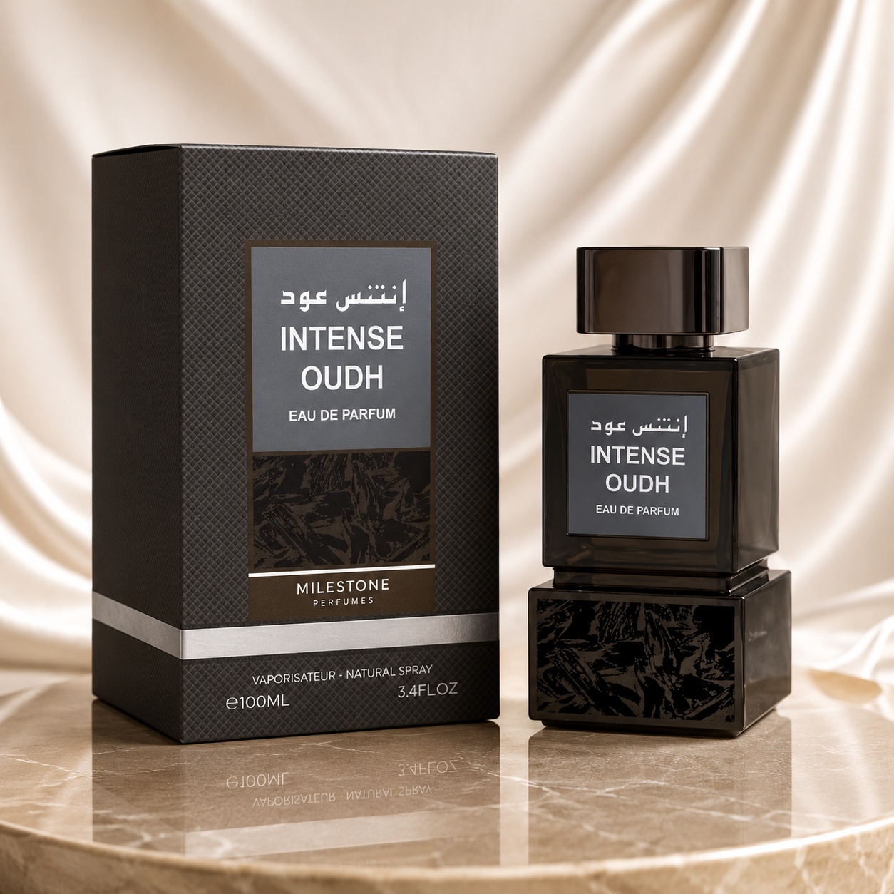 Parfum Arăbesc Milestone Intense Oudh EDP 100 ml Bărbat cu flacon negru fumuriu și cutie premium gri grafit