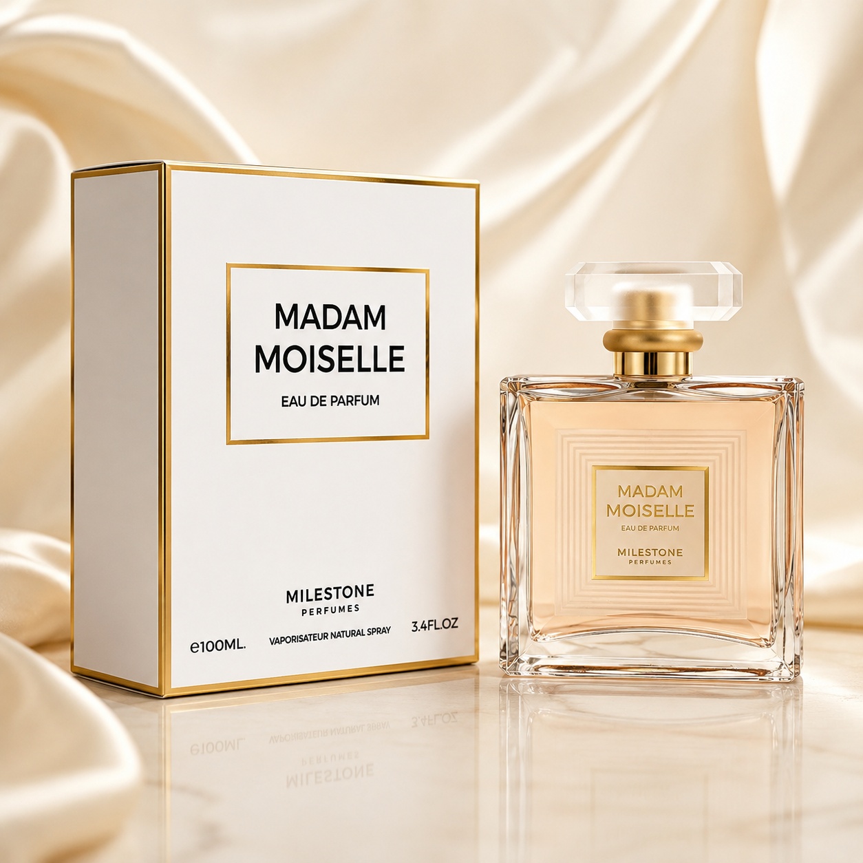Parfum Arăbesc Milestone Madam Moiselle EDP 100 ml Damă cu sticlă elegantă, lichid piersică și cutie albă premium cu detalii aurii