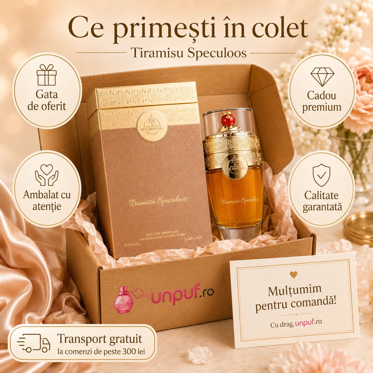 Ce primești în colet la parfumul Tiramisu Speculoos Ministry Of Gourmand, ambalaj premium UnPuf.ro
