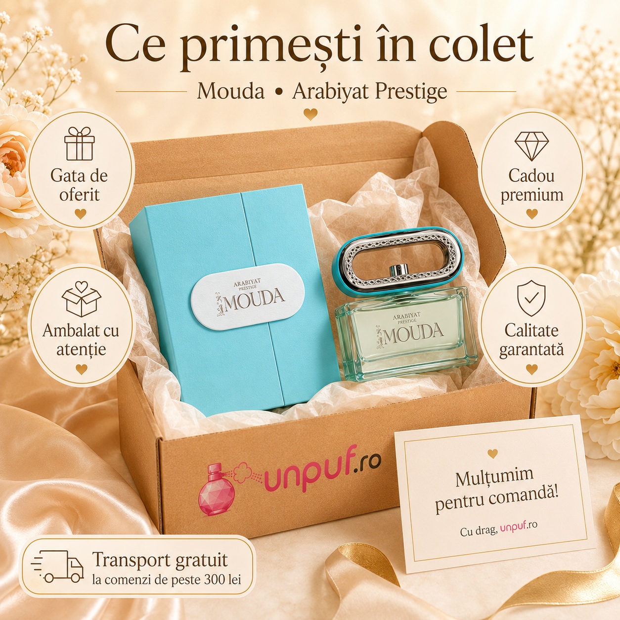 Ce primești în colet Parfum Mouda Arabiyat Prestige 100 ml ambalat cu atenție unpuf.ro